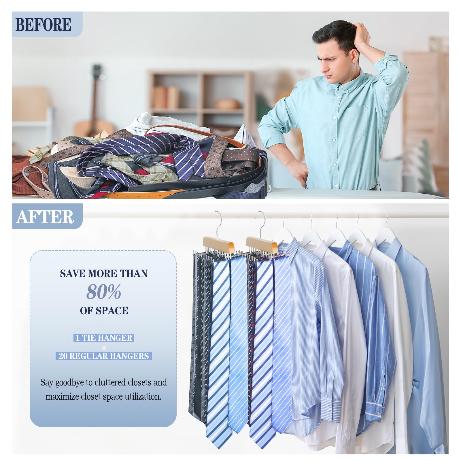 Tie Rack Belt Hanger For Closet, Fitnice Upgraded Non Slip Tie Hanger Space Saving With 20 Foldable Hooks Wooden Belt Tie Organi