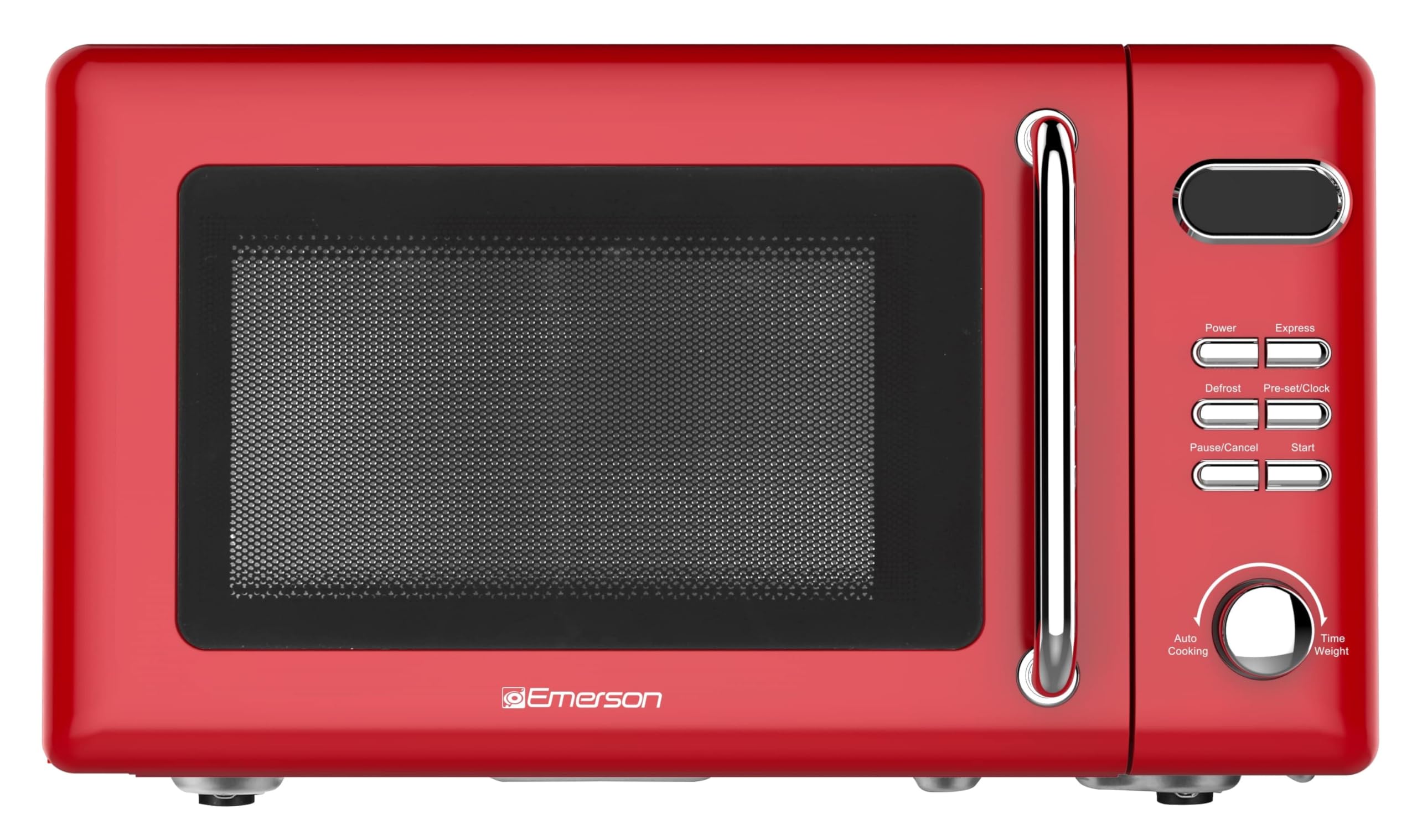 Emerson MWR7020RD Compact Countertop Microwave Oven with Button Control, LED Display, 700W 5 Power Levels, 8 Auto Menus, Glass T