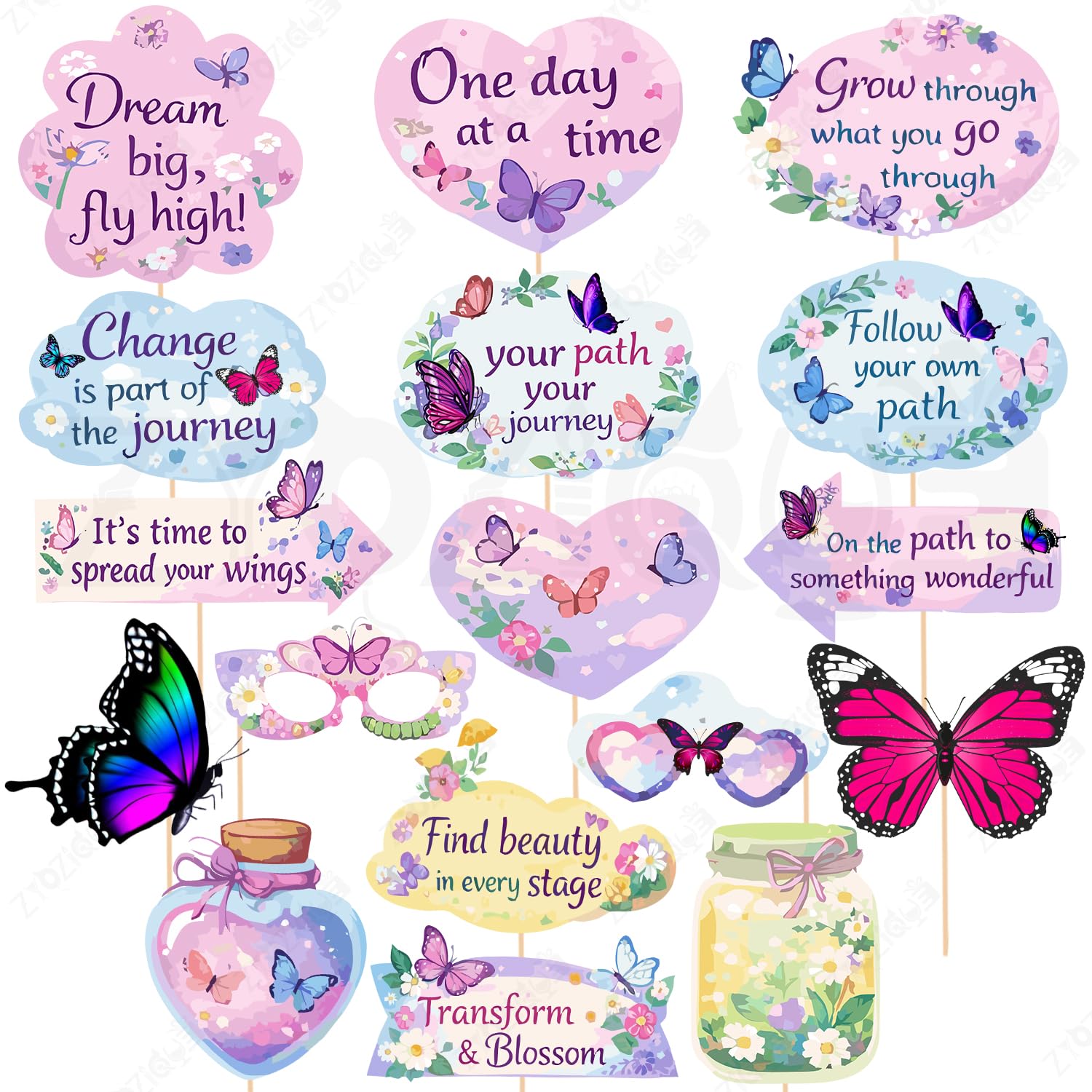 Zyozique Butterfly Theme Photo Booth Props, Butterfly Theme Props for Decorations, Baby Girl Birthday Decoration Item, Pink & Pu
