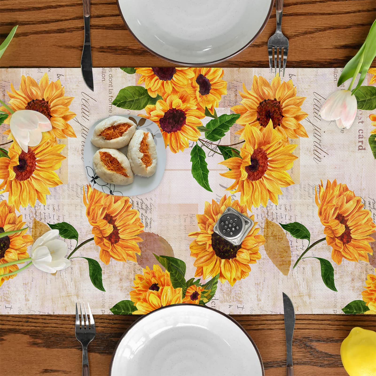 Sunflower Old Paper Rustic Table Runner Burlap Linen Table Runner Farmhouse Kitchen Decor For Home Party And Dining Room Dresser