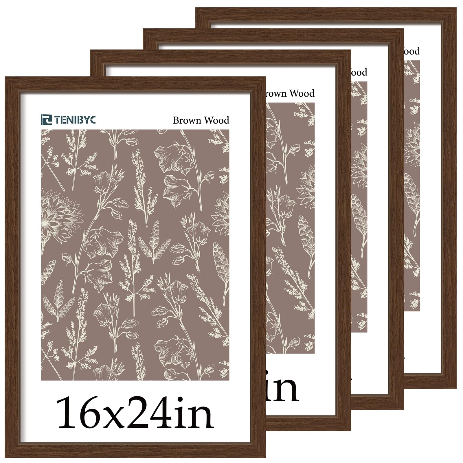 TENIBYC 16x24 Wood Frame - 4 Pack, Brown Wood Grain, Display 16x24 or 24x16 Photos, Posters and Puzzles, Picture Frame for Wall