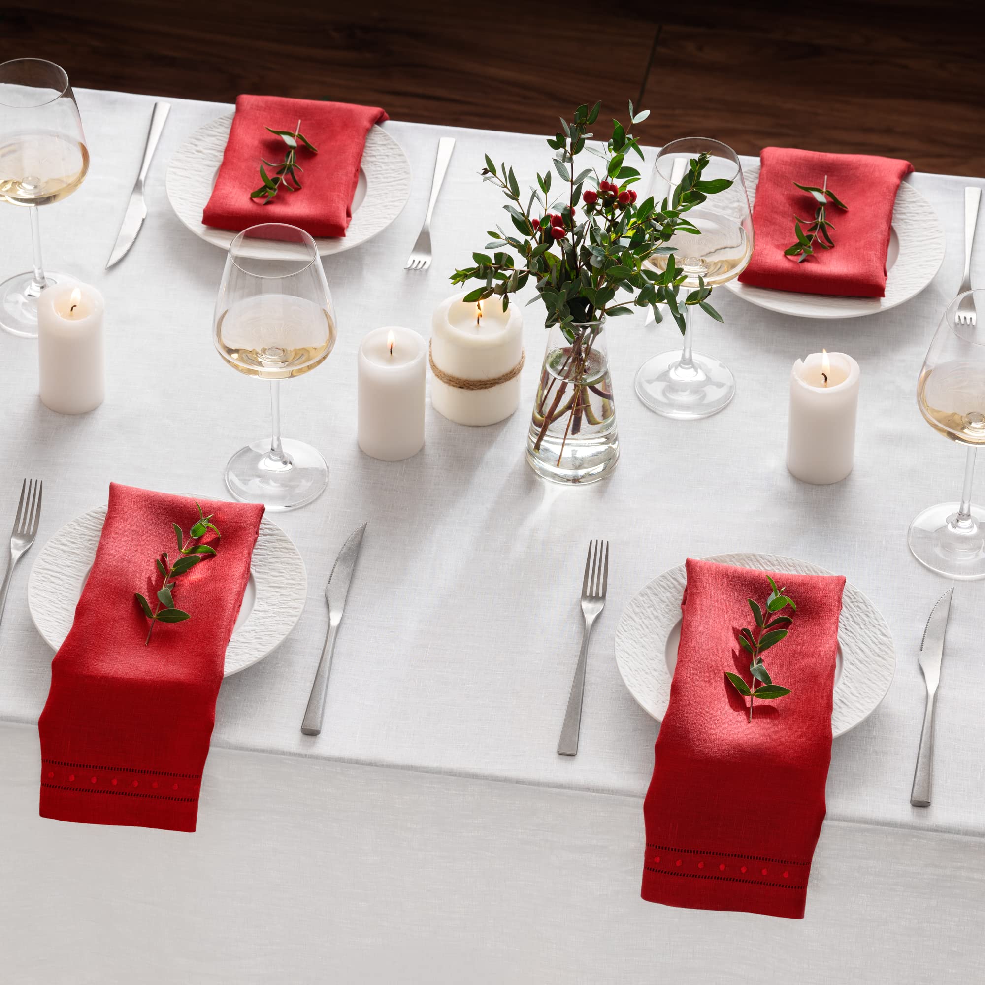 Linen Napkins Set Of 4-100% Pure Linen Red Embroidered Dinner Napkins - Hemstitch Cloth Napkins Washable For Valentines Day