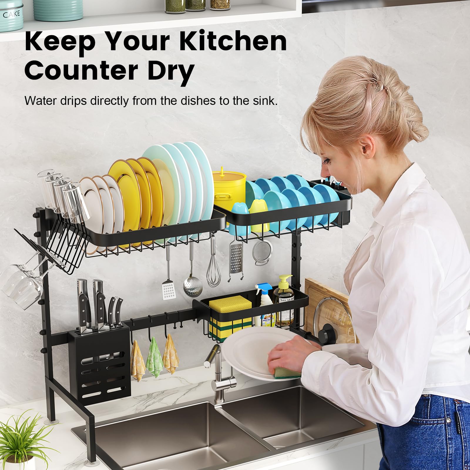 MERRYBOX Over The Sink Dish Drying Rack Adjustable Length (25-33in)  2 Tier Dish Rack Over Sink with Multiple Baskets Utensil Holder Cup Holder  Full Set Large Dish Rack for Kitchen Sink Organizer
