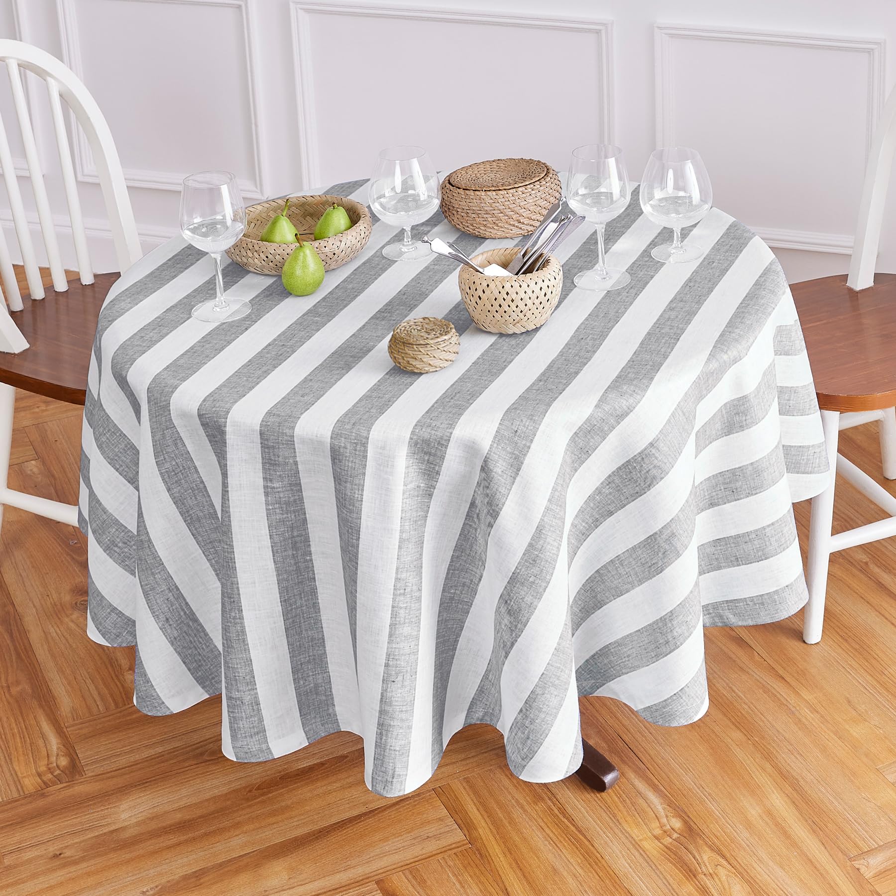 Solino Home Cabana Stripe Linen Round Tablecloth 70 Inch Diameter - 100% Pure Linen Grey And White Tablecloth For Spring, Easter