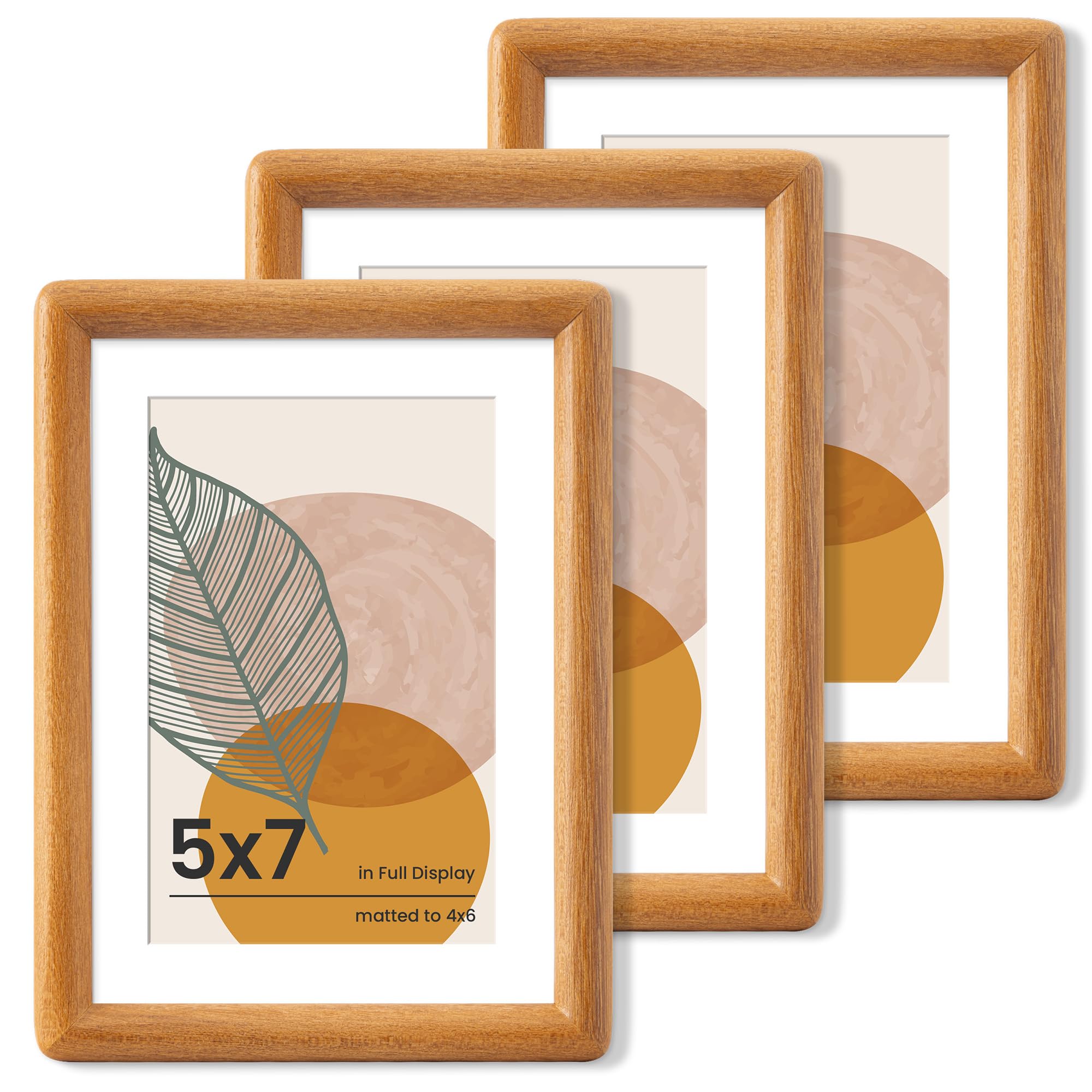 Axeman 5x7 Picture Frame Set of 3 - Solid Teak Wood Frame With Mat for 4x6 - Rounded Corner 5 x 7 Picture Frame with Tempered Gl