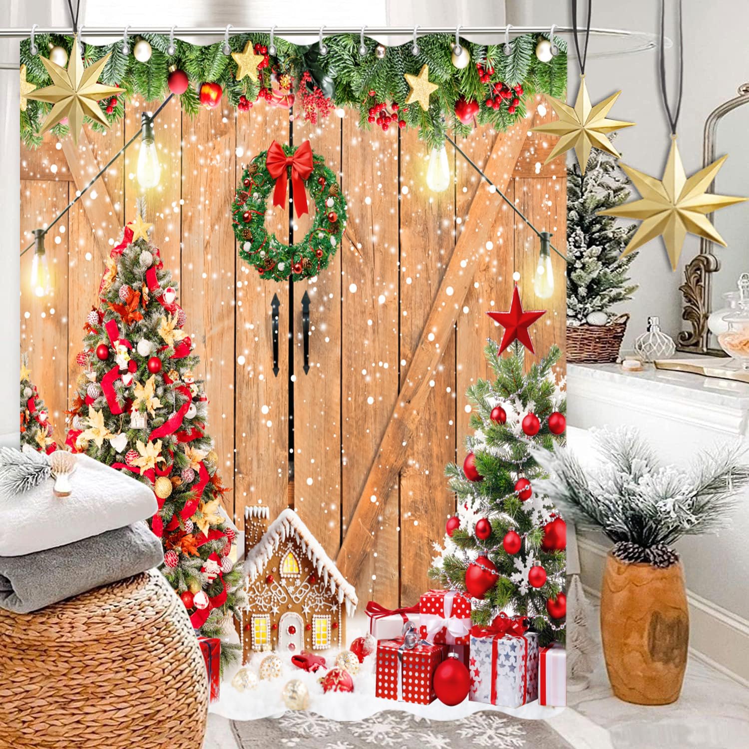 Caheansi Christmas Shower Curtain, Farmhouse Rustic Barn Door Wooden Gingerbread House Xmas Tree Winter New Year Holiday Bathroo