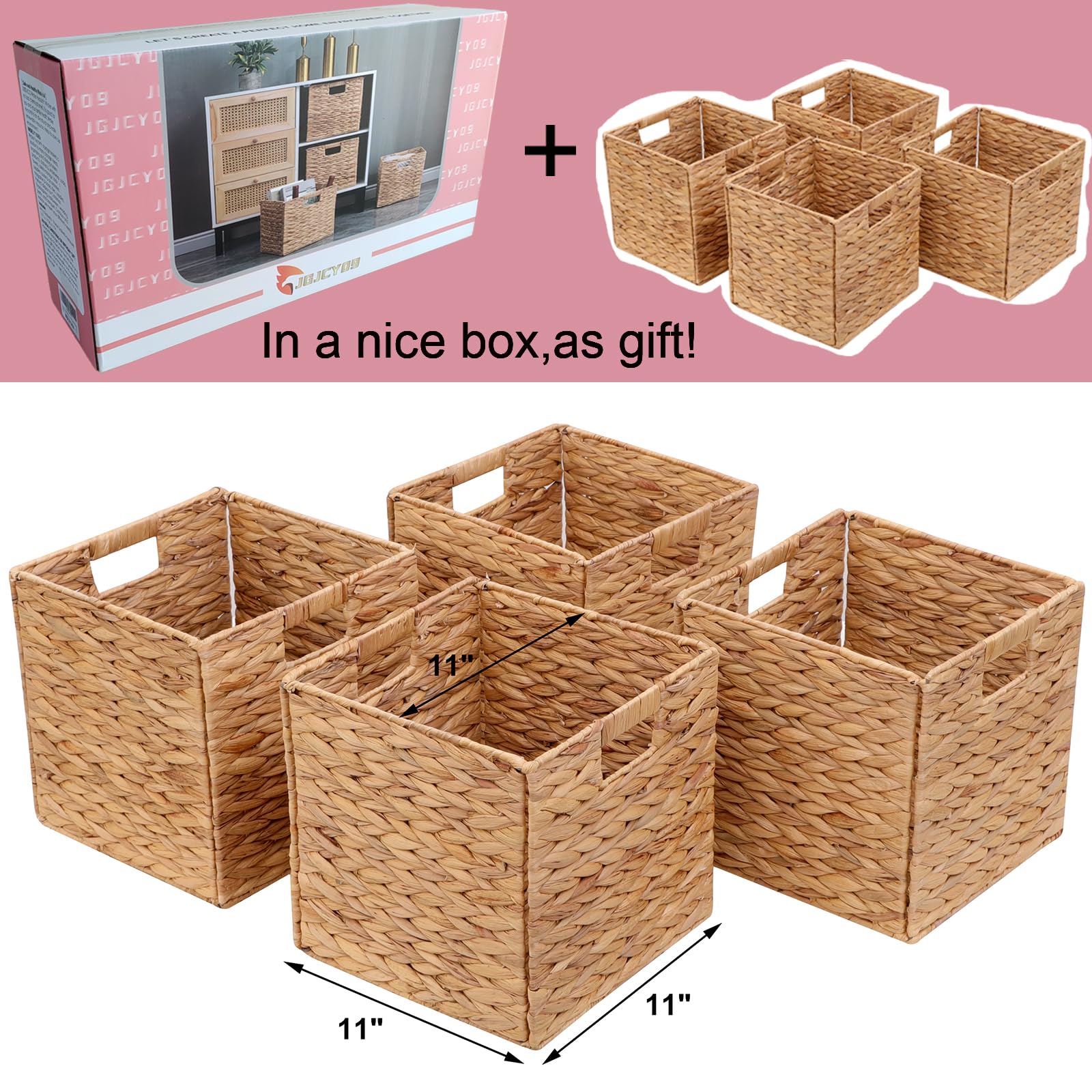 Jgjcyo9 Storage Baskets Wicker Cube Baskets Foldable Handwoven Water Hyacinth Laundry Organizer,Set Of 4 Pcs Baskets-11X11X11Inc