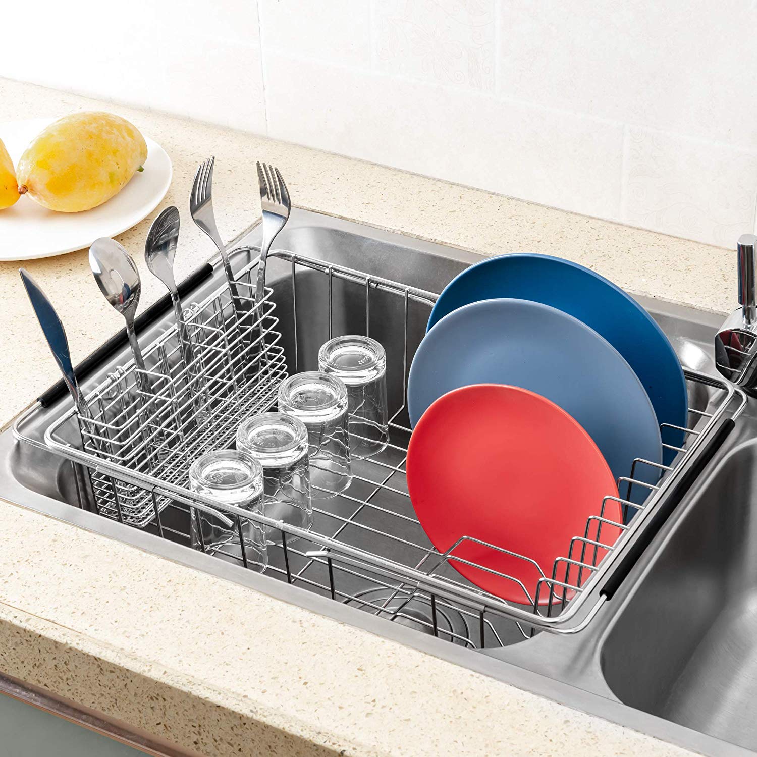 Sanno Large Expandable Dish Drying Rack Dish Rack Drainer With Stainless Steel Utensil Holder Over The Sink Dish Drainer Dish Ra