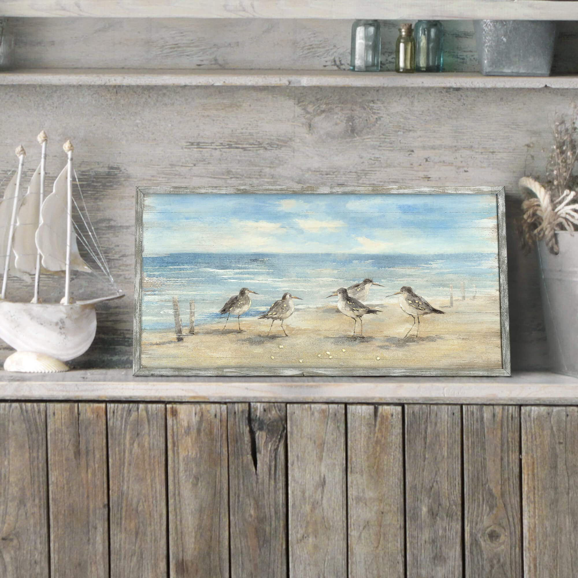 Beach Framed Painting Wall Decor: Abstract Ocean Wall Art Coastal Oil Painting Style Seagulls Picture Printed On Wood Seascape A