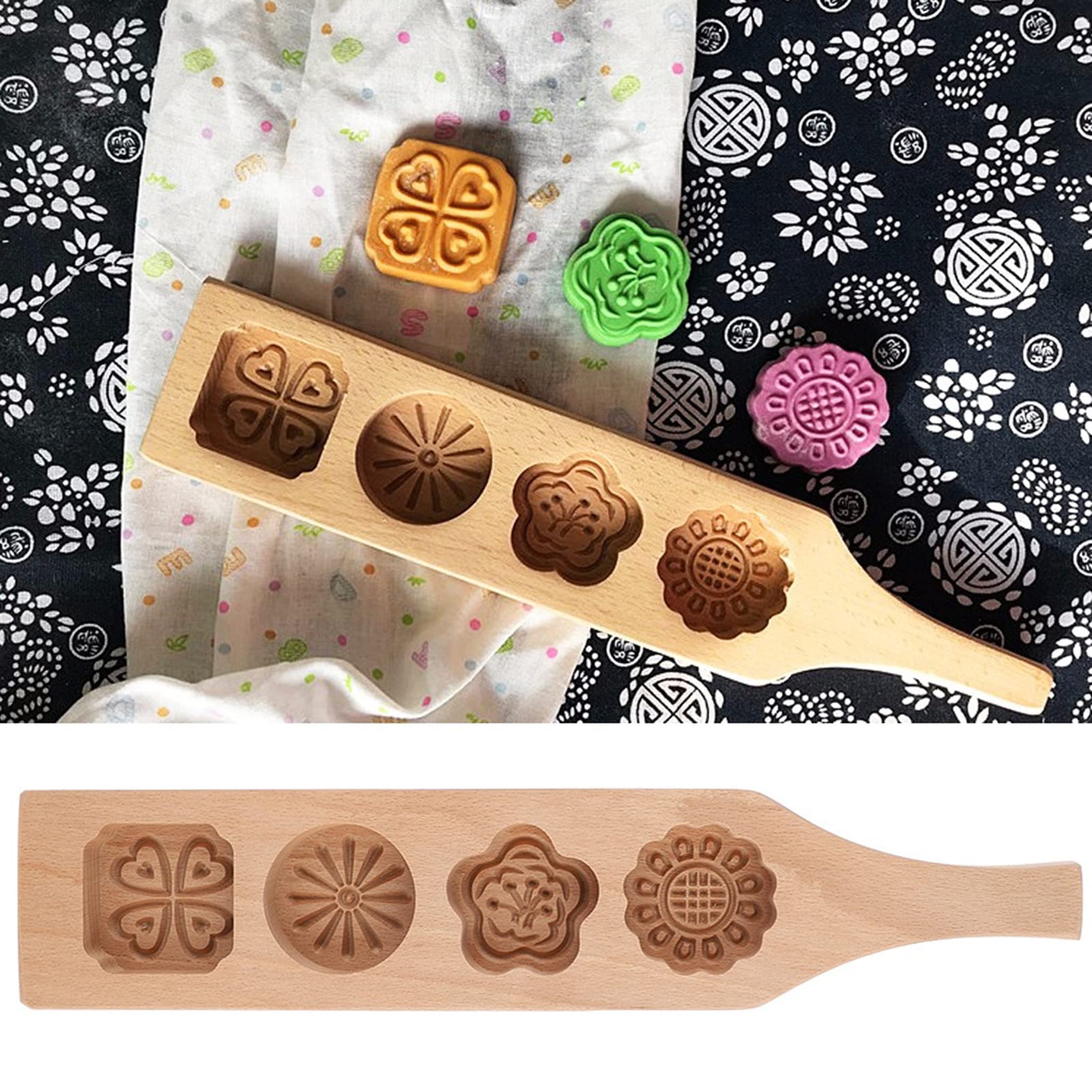 Wooden Mooncake 4 Flower Pattern Mooncake Diy Handmade Press Food Pastry Biscuit Cookie Pumpkin Pie Baking Tool For Home Bakery