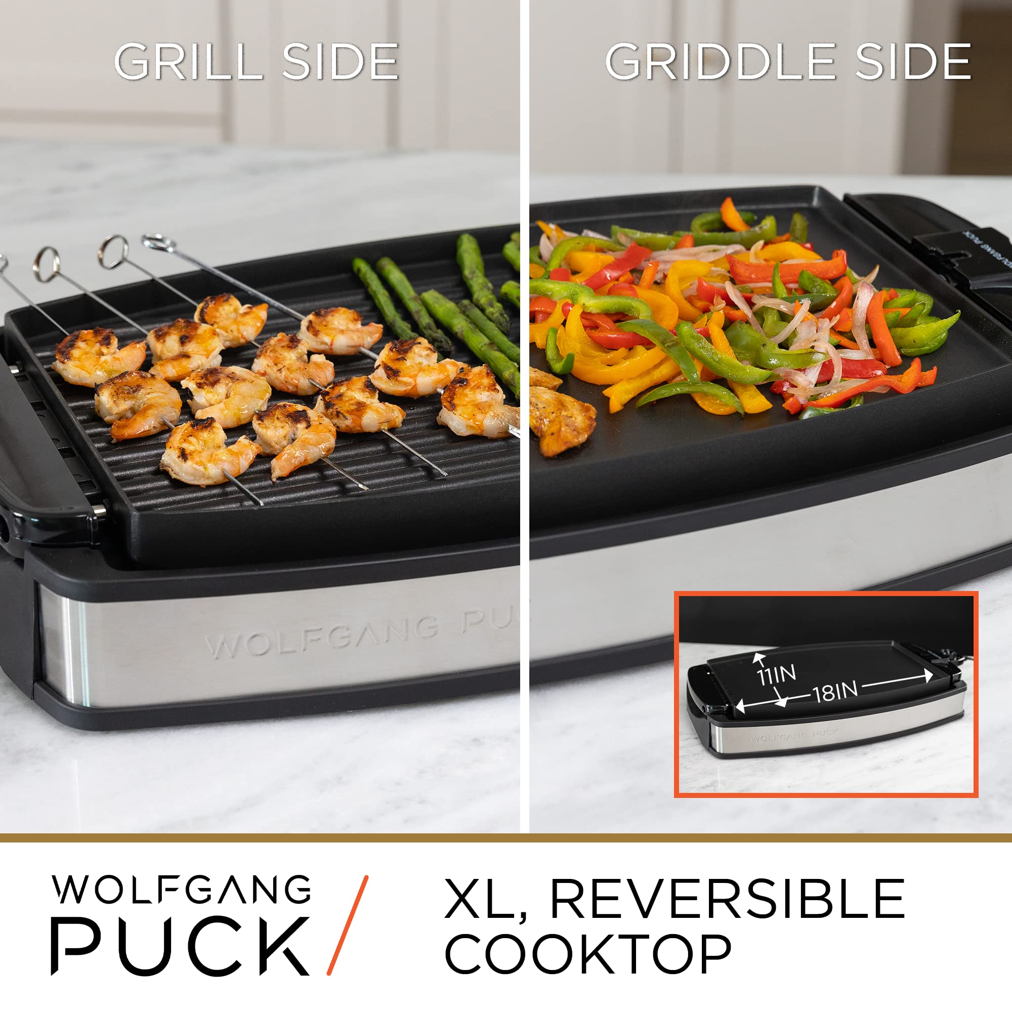 Wolfgang Puck XL Reversible Grill Griddle  Oversized Removable Cooking Plate  Nonstick Coating  Dishwasher Safe  Heats Up to 400F  Stay Cool Handles