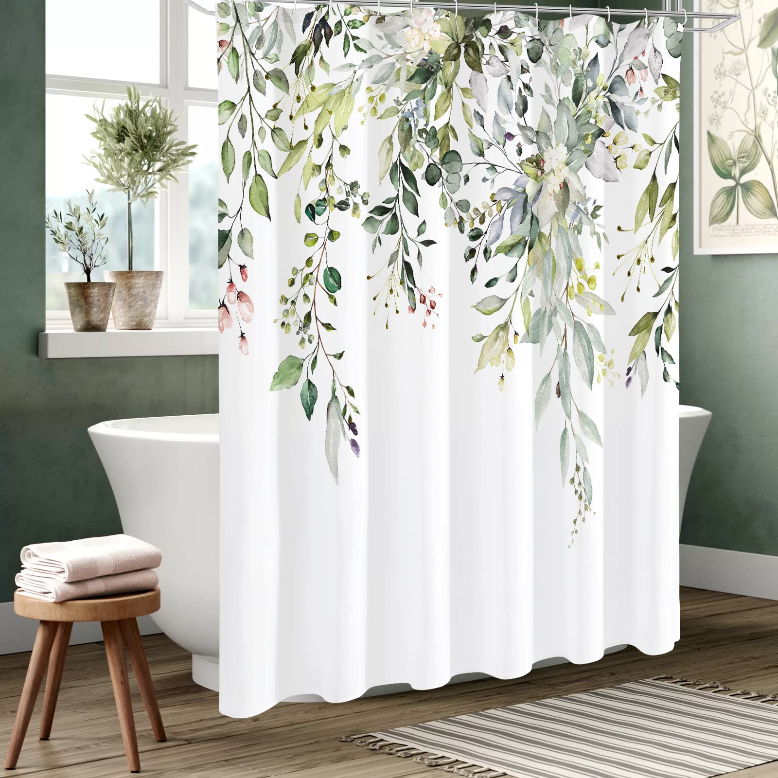 Gibelle Sage Green Eucalyptus Shower Curtain, Watercolor Plant Leaves With Floral Bathroom Decor Waterproof Fabric Shower Curtai