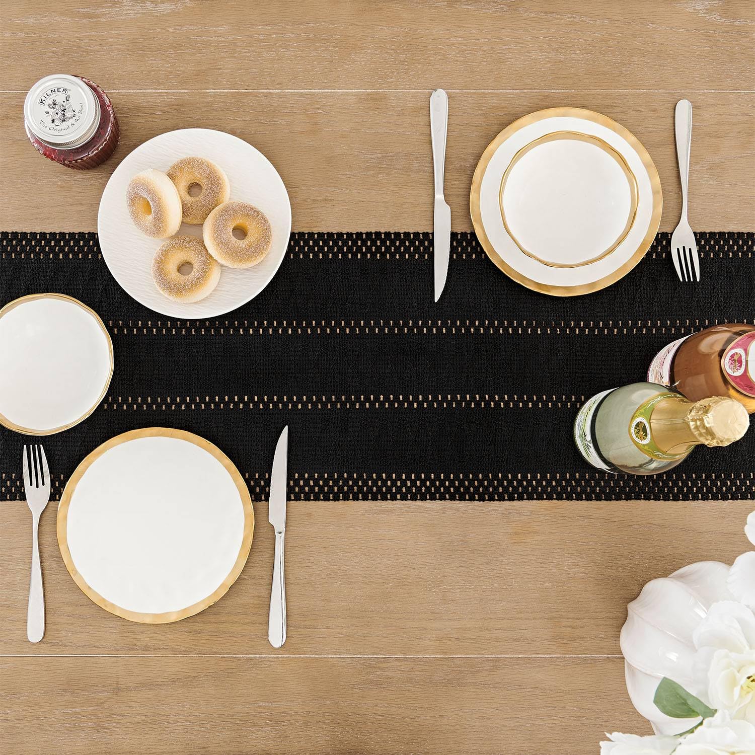 Zeemart Macrame Style Boho Table Runner, Black Table Runners 90 Inches Long, Farmhouse Woven Home Decor, 12X90 Inch, Black