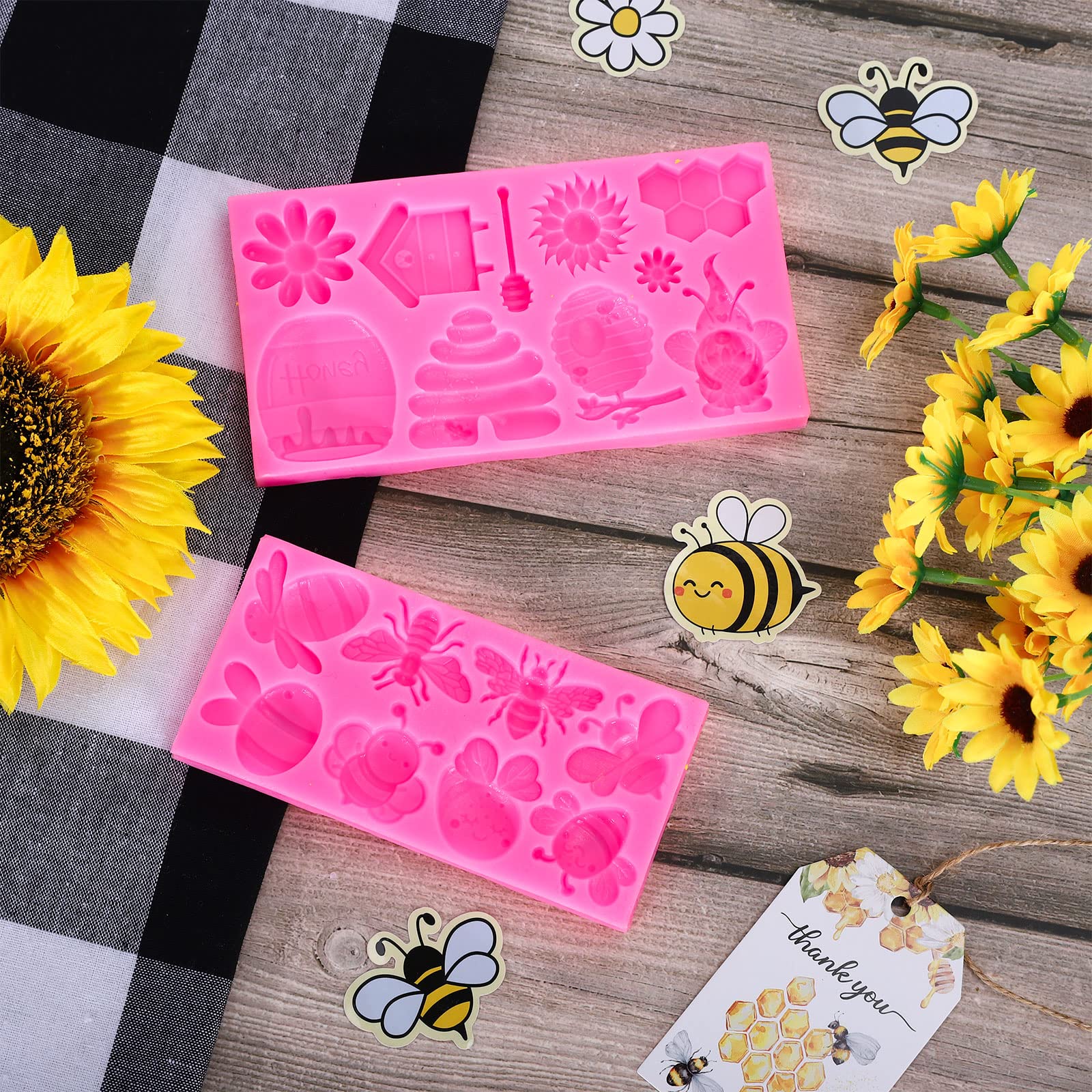 Whaline Bumble Bee Fondant Molds 3D Silicone Moulds Sunflowers Honey Pattern Resin Molds Honeycomb Bumblebee Cupcake Cookie Baking Decorating Moulds for Spring Summer Party DIY Candy 2Pcs