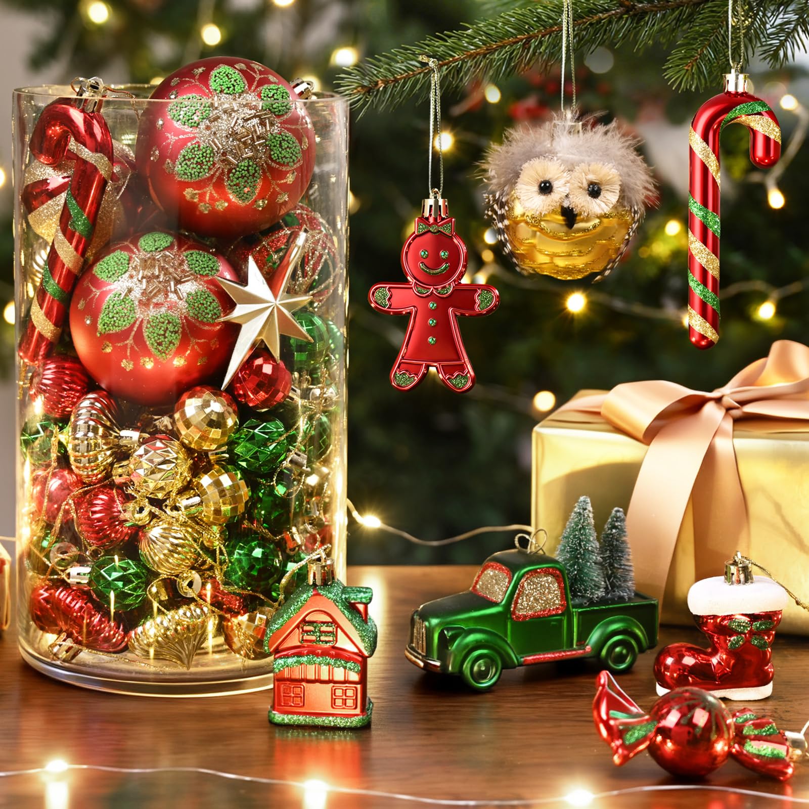 Dolicer 100 Pcs Christmas Ornaments Various Elements Christmas Tree Ornaments Set Red Gold Green Christmas Ball Ornament Shatter