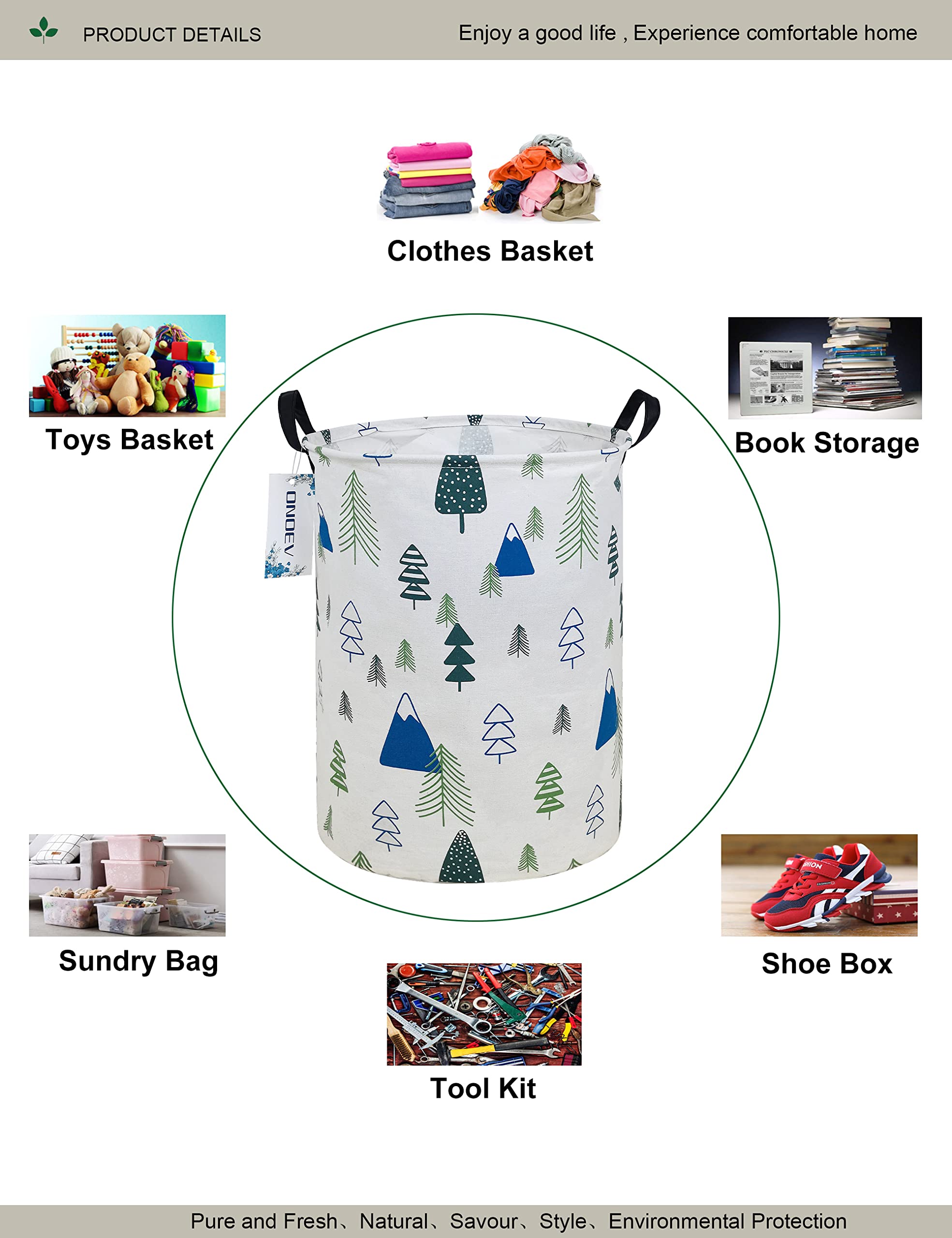 ONOEV Round Fabric Storage Bin Decorative Basket Organizer Basket with Handles for Clothes Storage books and 19.7inch(H) x 15.7inch(D)