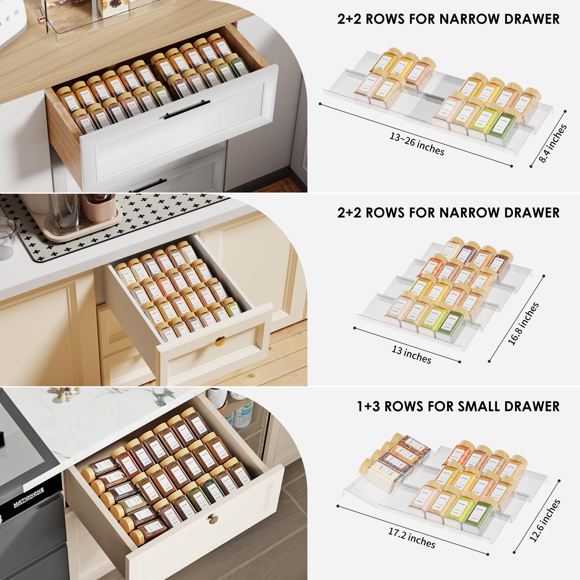 Jadehom Spice Drawer Organizer, 4 Tier Clear Acrylic Expandable From 13 '' to 26 '' Seasoning Jars Drawer Insert, Kitchen Drawer
