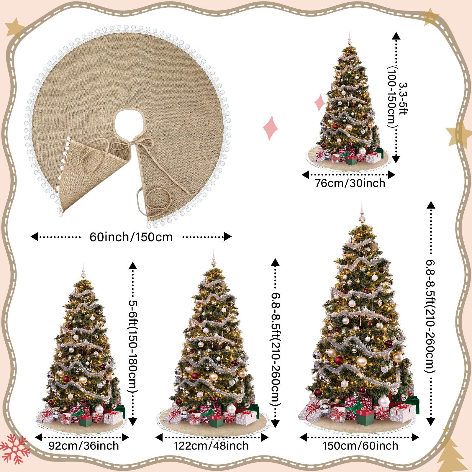 Syhood 60 Inch Large Christmas Tree Skirt Christmas Fall Linen Burlap Tree Skirt Base Cover with Pom Trim for Xmas Winter Home D