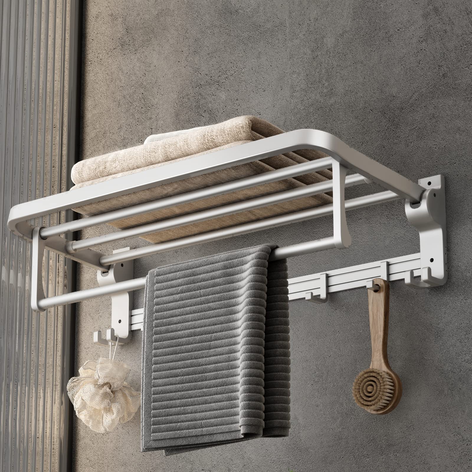 24 Inch Towel Rack With Towel Bar Holder Foldable Towel Shelf With Movable Hooks Rustproof Towel Storage Wall Mount For Bathroom