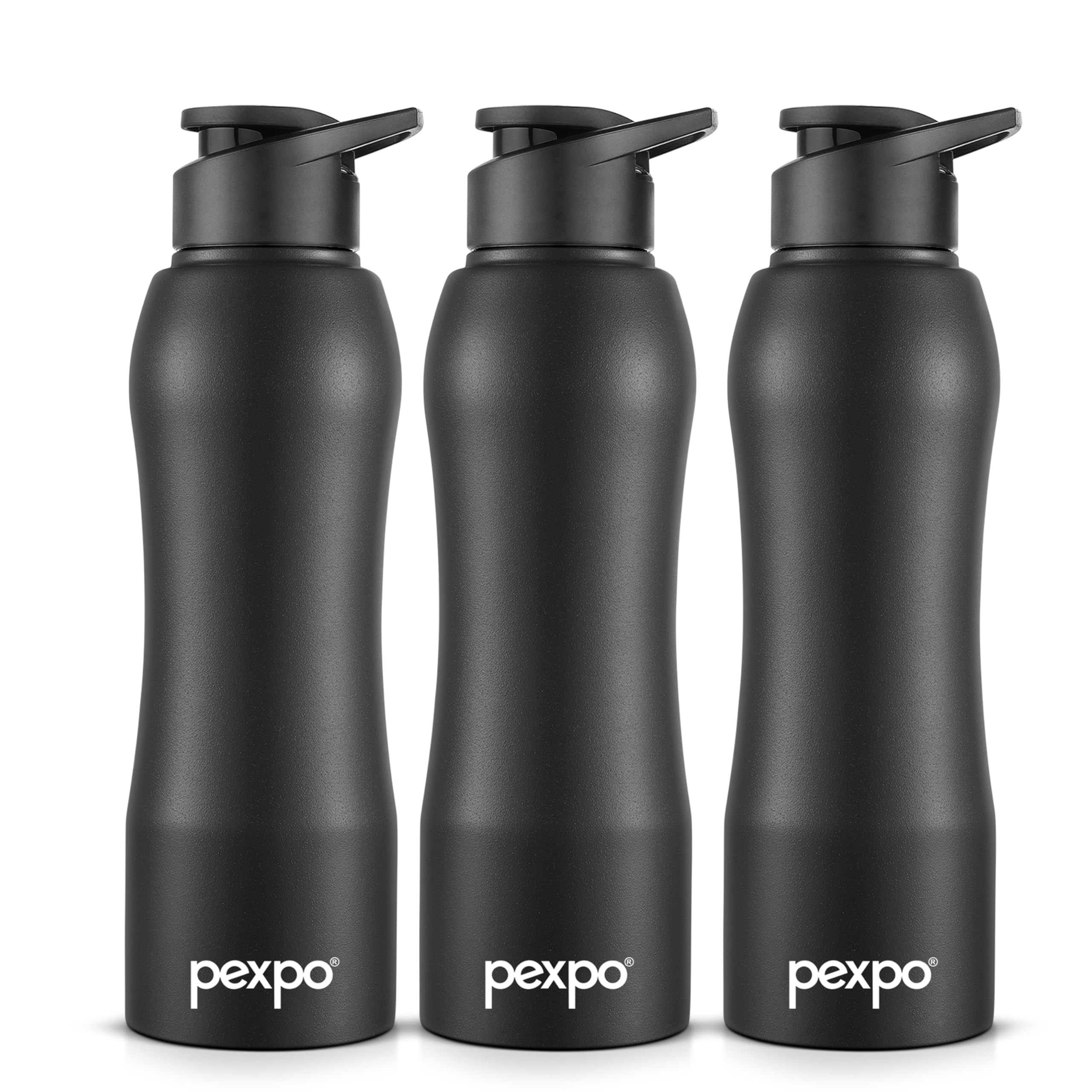 Pexpo Bistro Isi Certified Stainless Steel Fridge/Sports Sipper Water Bottle 750Ml, Knight Black, Pack Of 3|Single Wall|Easy Gri