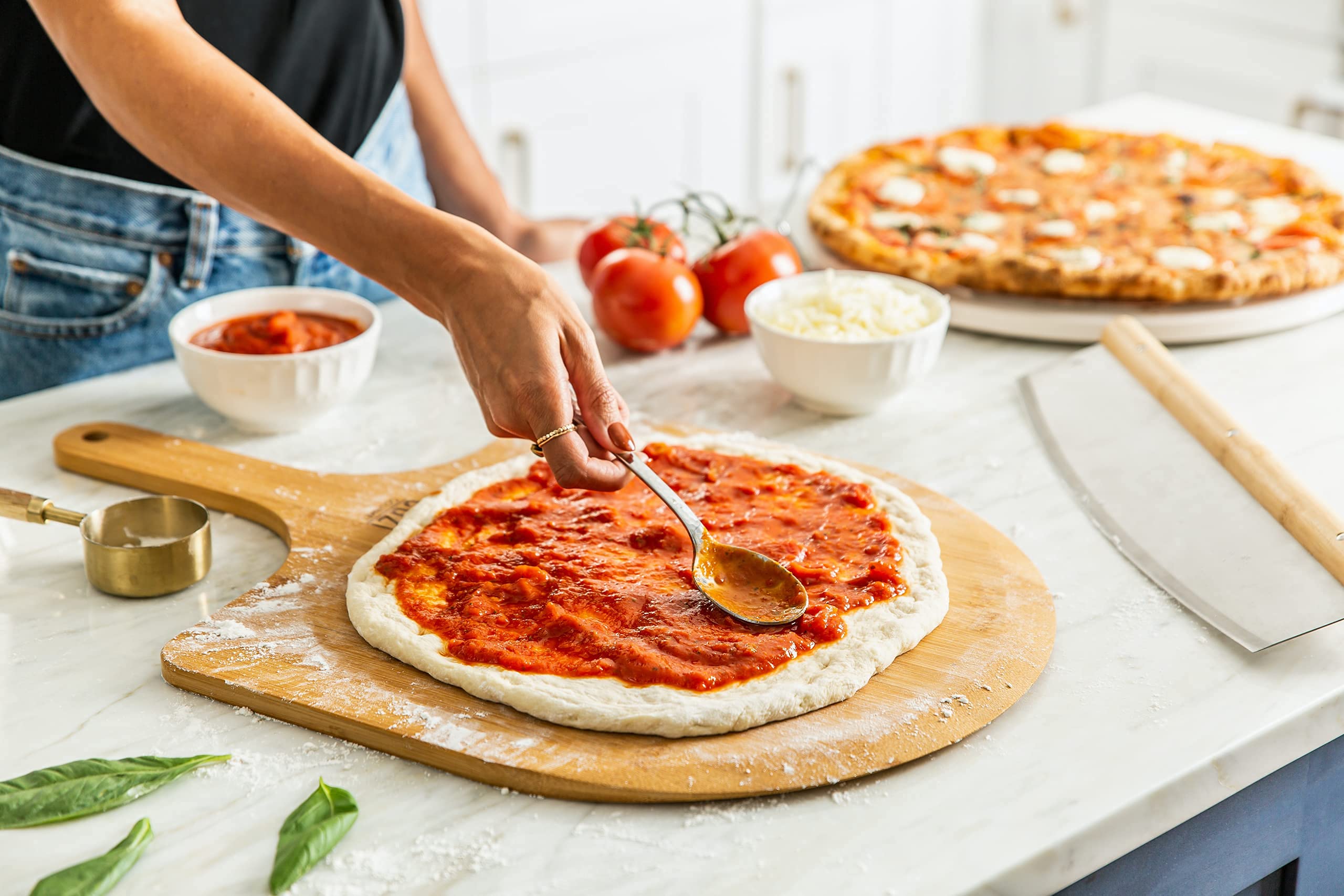 Cuzi Gourmet Xl 4-Piece Pizza Stone Set - 15'' Thermal Shock Resistant Cordierite Pizza Baking Stone, 22'' Natural Bamboo Pizza