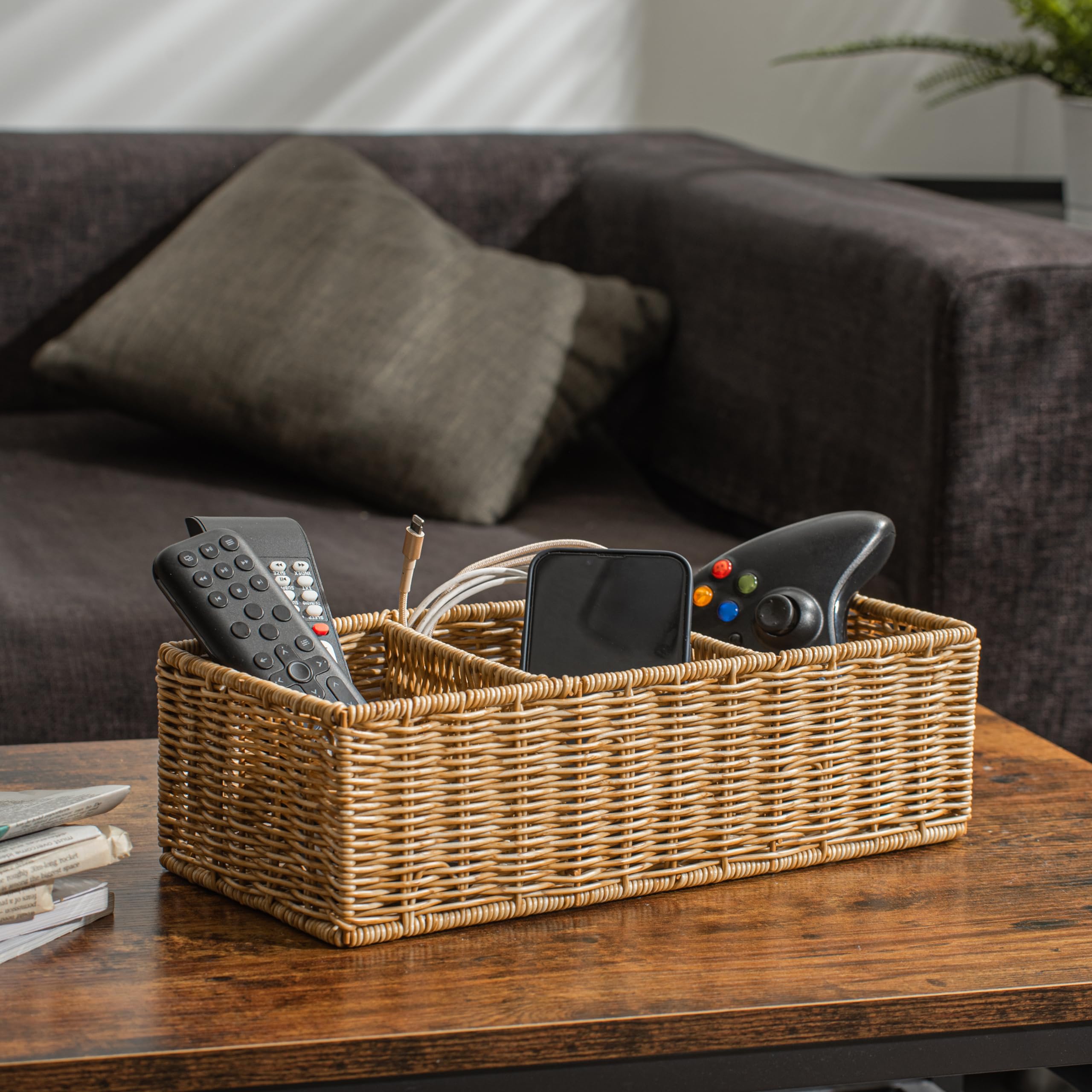 Myhomebody Wicker Basket With 3 Compartments, Woven Baskets For Organizing, Storage Basket, Toilet Tank Basket, Bathroom Counter
