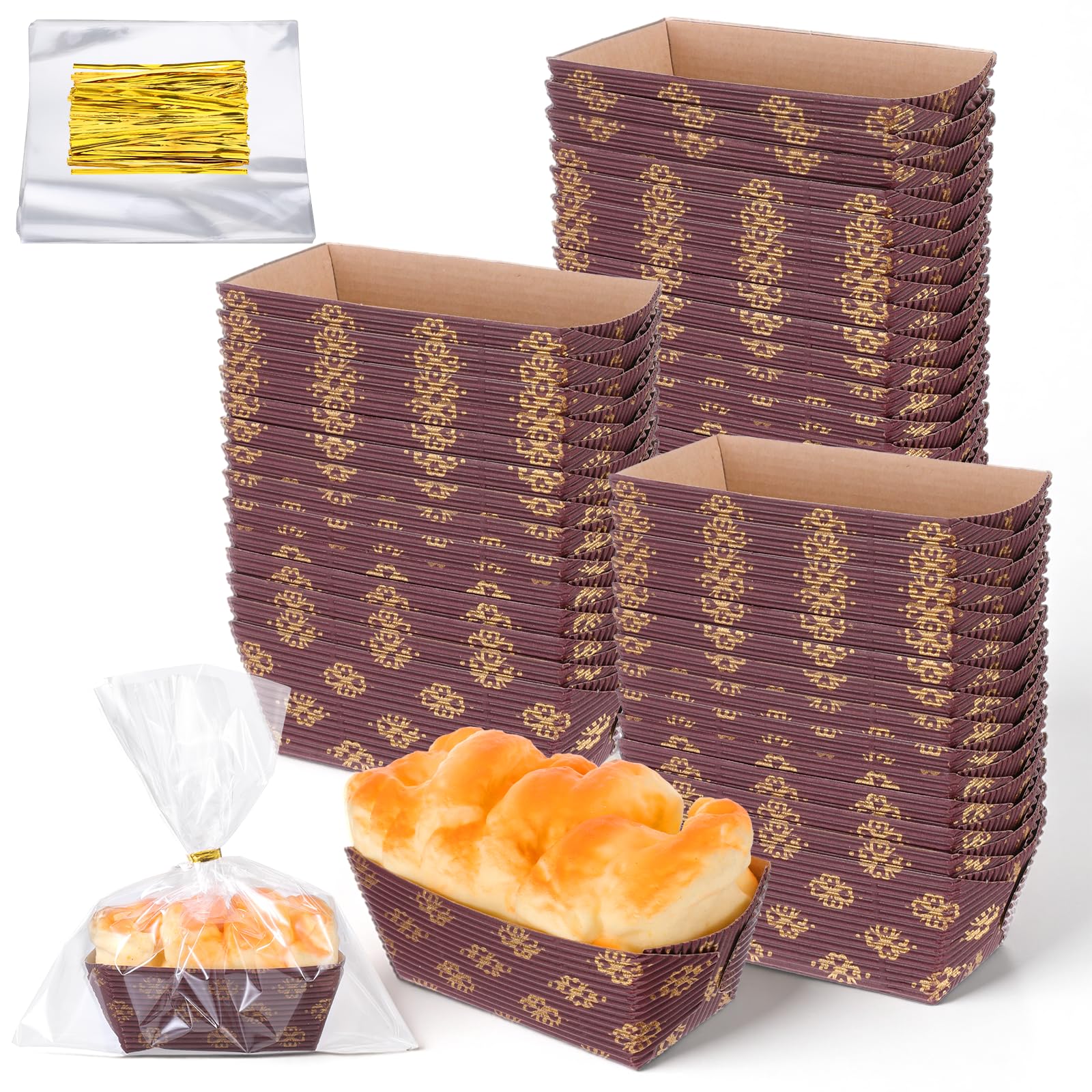 200 Pcs Mini Disposable Paper Loaf Pan with 200 Clear Plastic Bread Bags