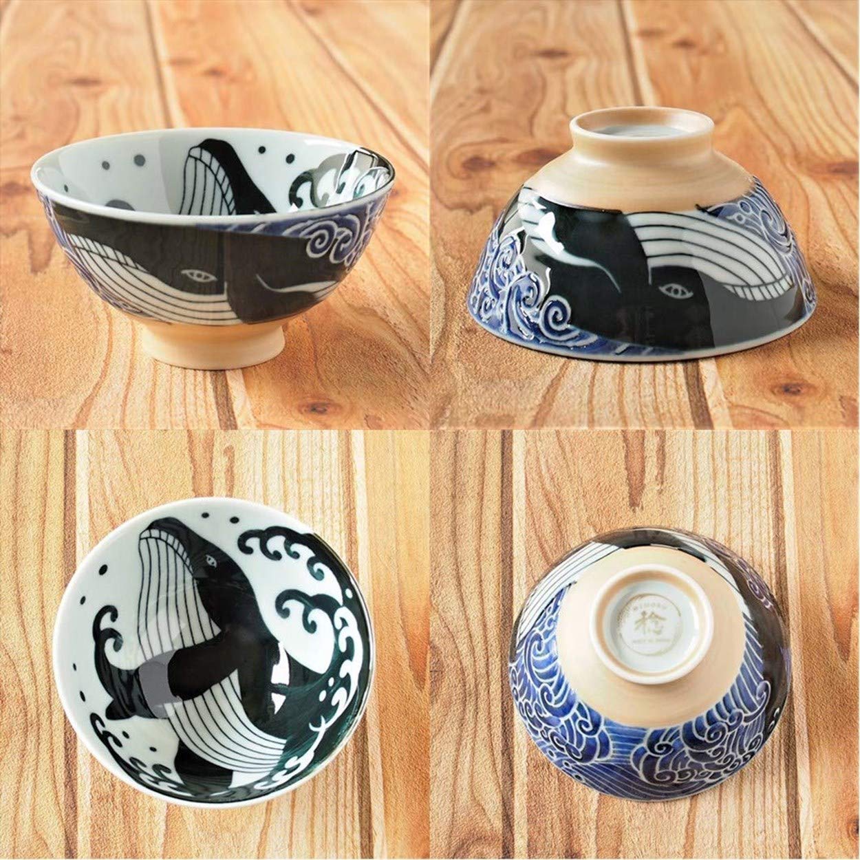 Minoru Touki White Wave Whale Blue Ceramic Rice Bowl Small Set Of 2 F4.4  H2.4In 11.29Oz