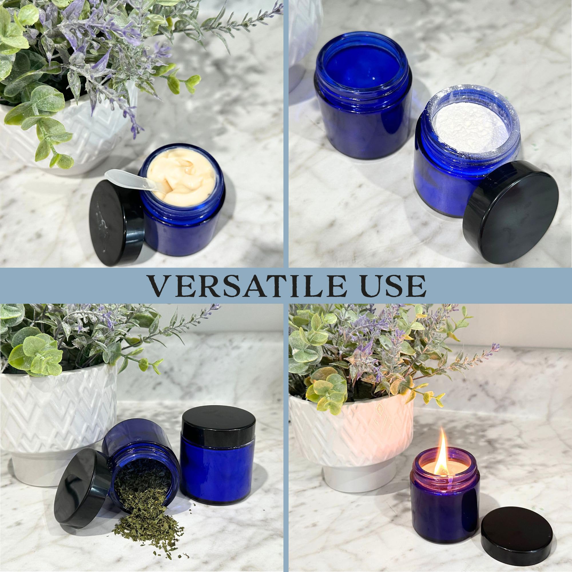 4-Ounce Cobalt Blue Glass Straight Sided Cosmetic Jars (12-Pack); 120 Ml. Capacity, Bpa-Free Lids