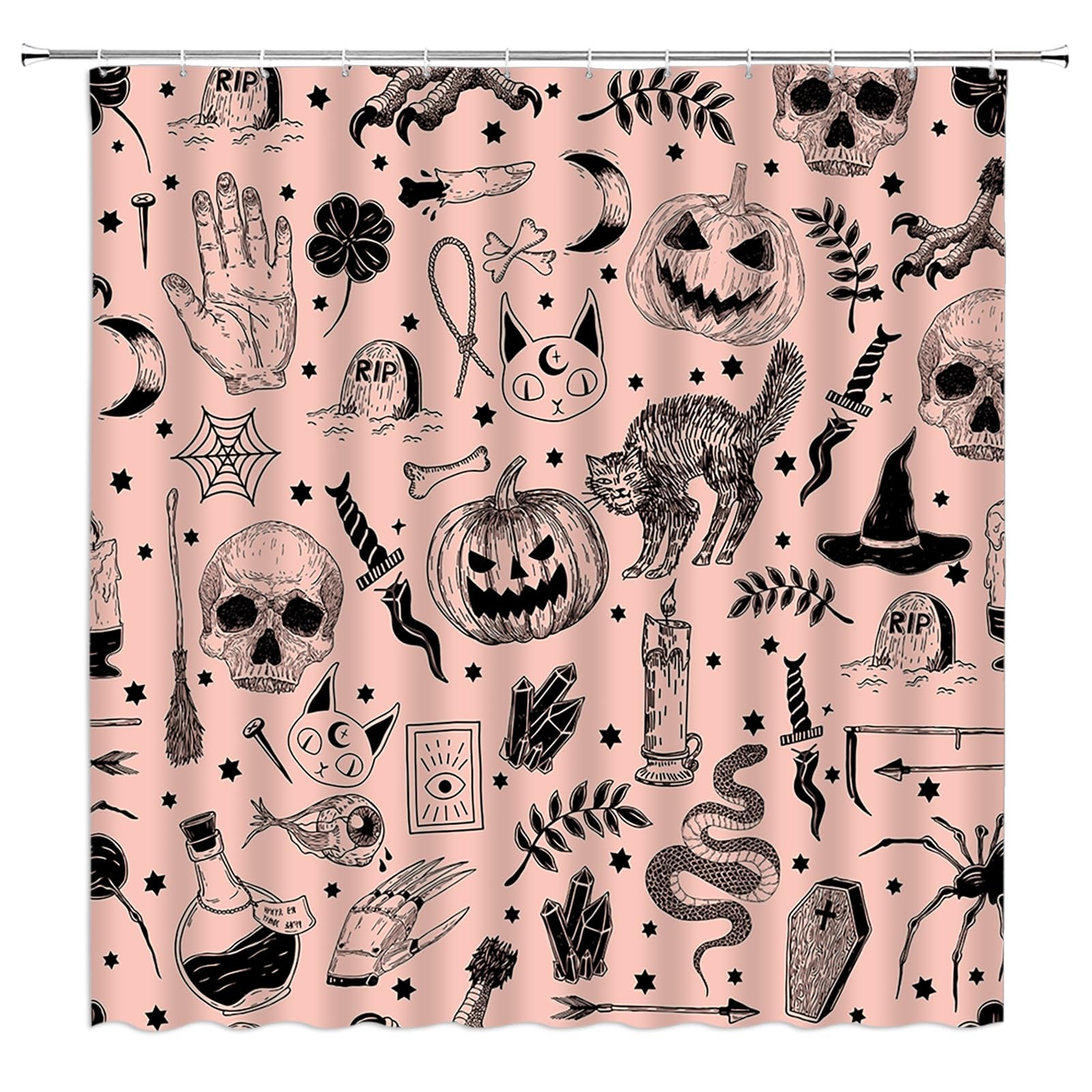 Spooky Halloween Shower Curtain Black Scary Cat Pumpkin Witchy Hand Moon Skull Candle Vintage Gothic Vintage Holiday Pink Fabric