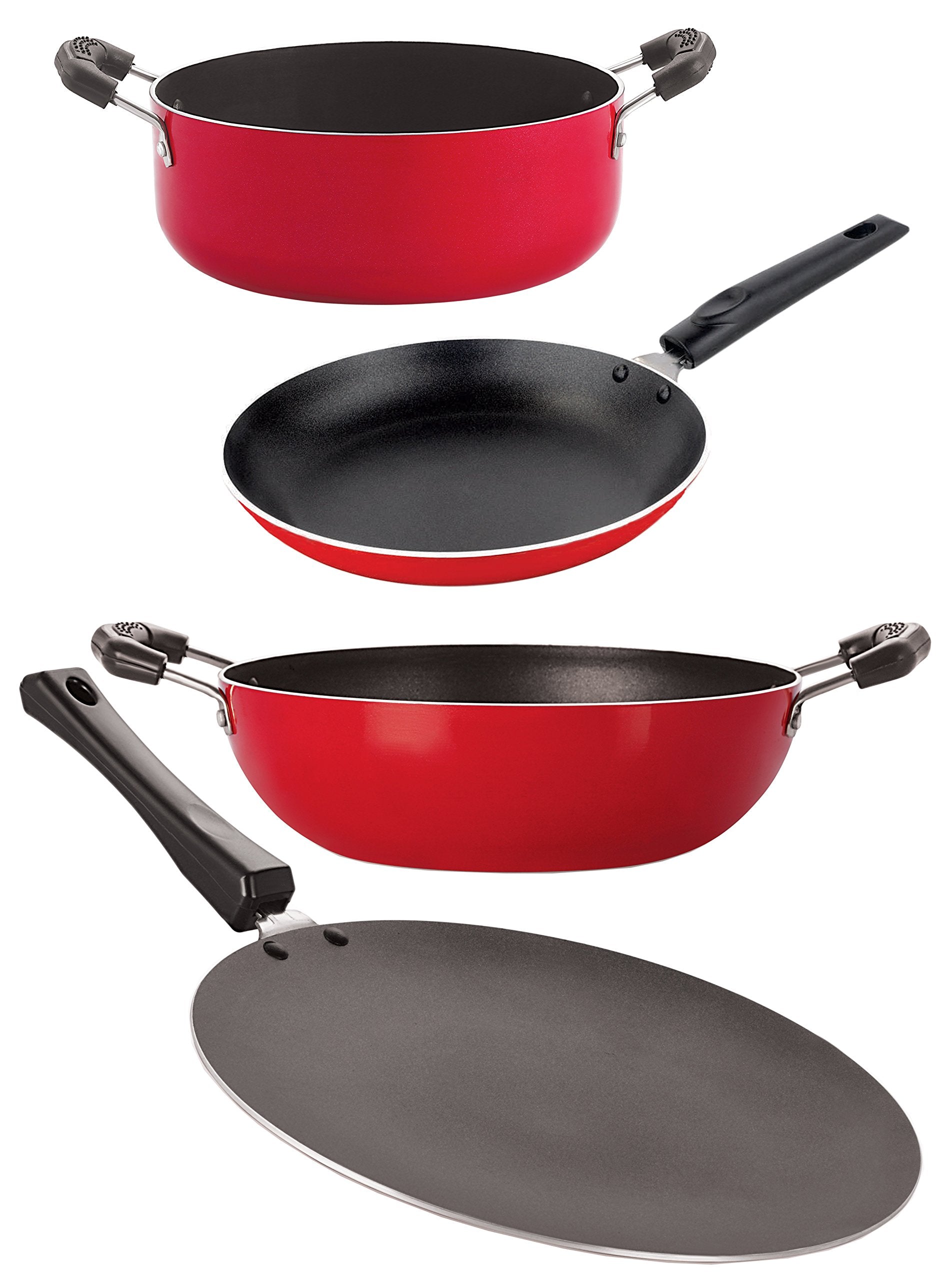 Nirlon NonStick Aluminum Cookware Set, 4Piece, Red And Black (2.6Mm_Ct_Kd12_Tp_Cass20)