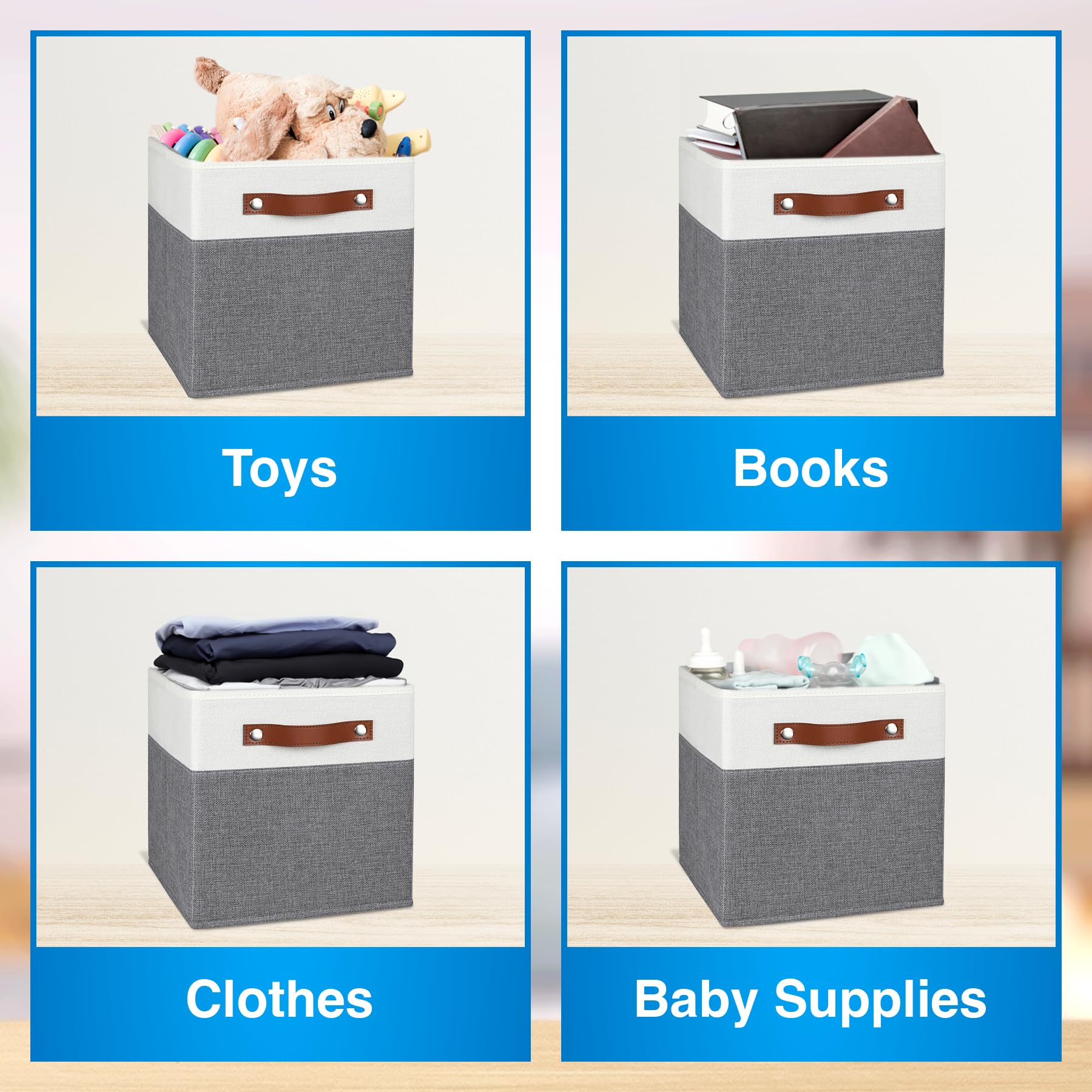 Pomatree 11 Inch Cube Storage Bin - 6 Pack - Linen Fabric Cubby Storage Bins For Bedroom, Living Room, Clothes And Toys, Shelves