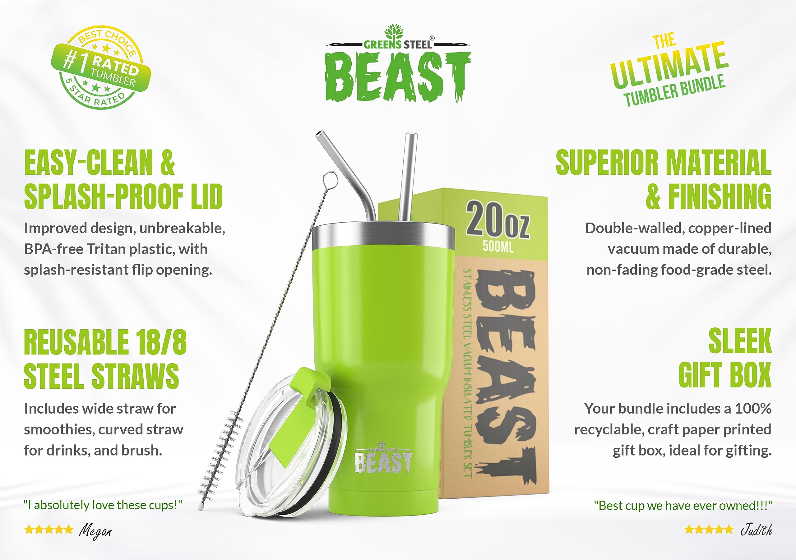 Beast 20 oz Tumbler Stainless Steel Vacuum Insulated Coffee Ice Cup Double Wall Travel Flask (Lemongrass Green)