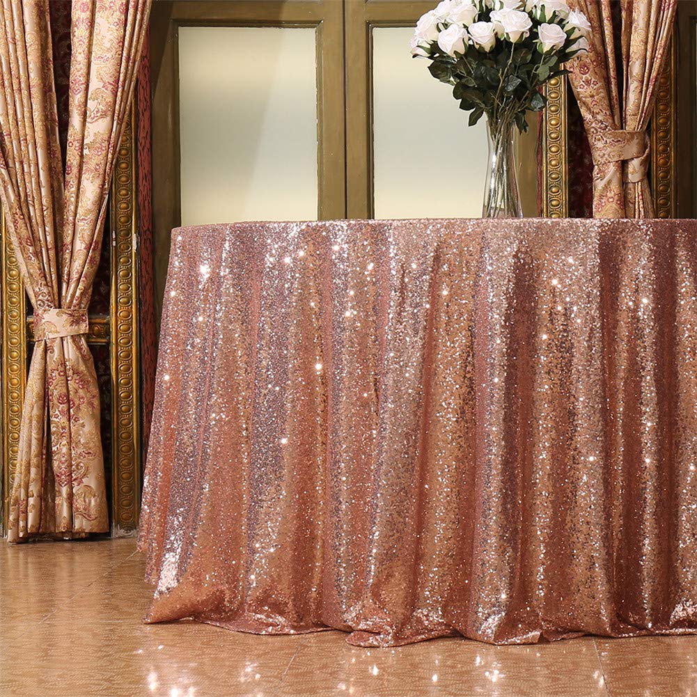 Eternal Beauty Rose Gold Sequin Tablecloth 120-Inch Sparkly Overlay Round Glitter Table Cover for Wedding Party Birthday Decorat