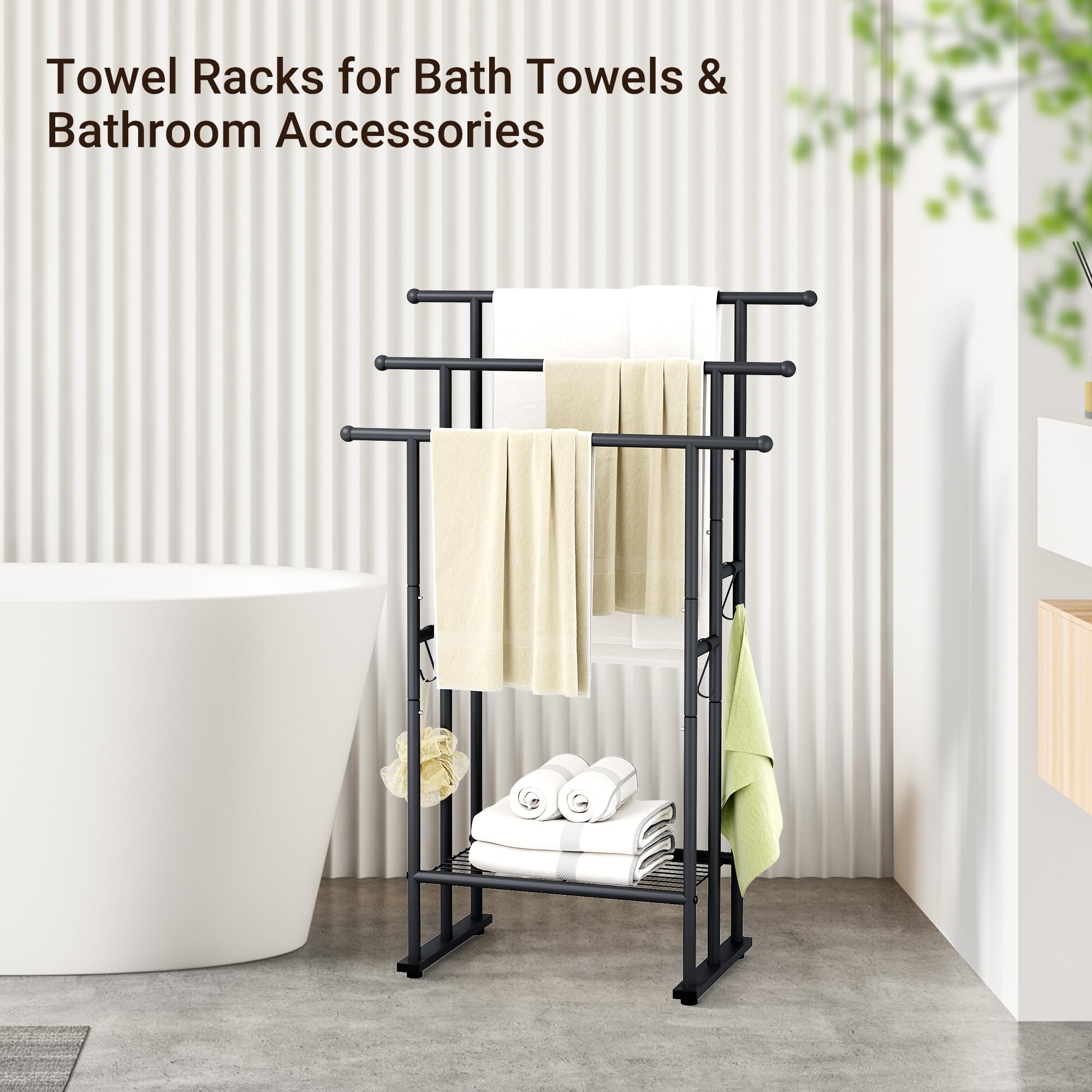 Elyken 3 Tier Standing Towel Rack, 40'' Tall Towel Drying Rack Outdoor, Freestanding Floor Towel Rack With Shelf, Pool Towel Bla