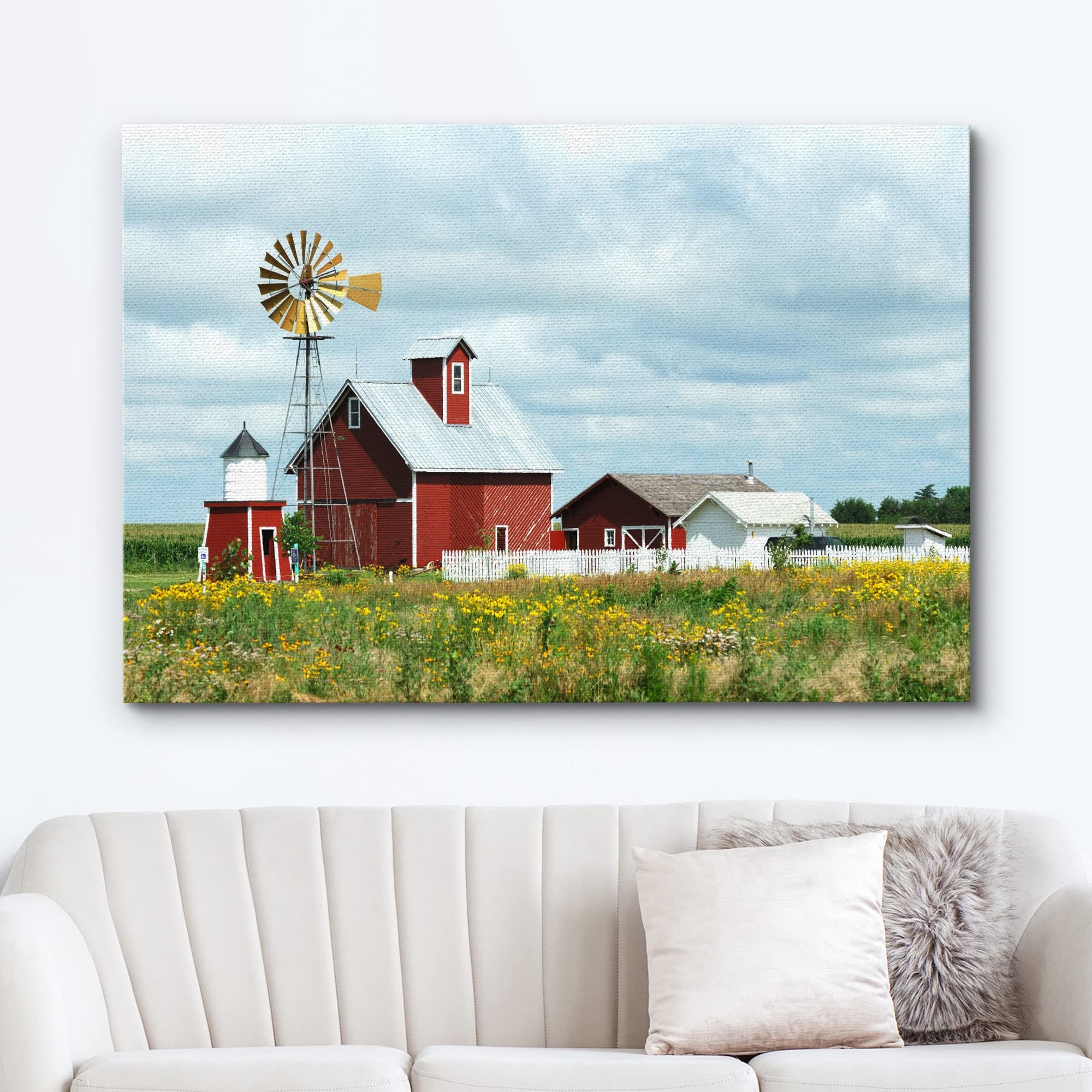 Canvas Prints Wall Art - Beautiful Scenery Of Windmill, Barn, Sheds And Fence On A Cloudy Day | Modern Wall Decor/Home Art Stret