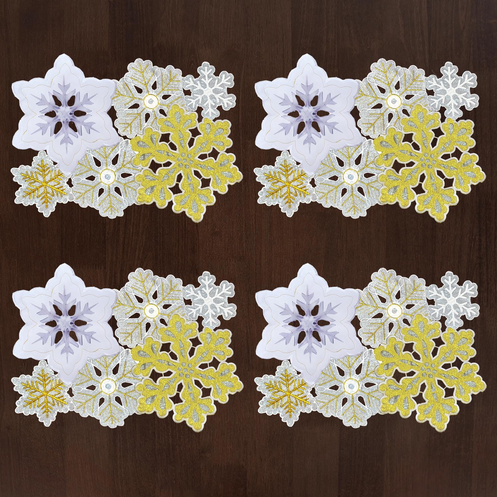 Grelucgo Set Of 4 Machine Embroidered And Hand Cut Silver And Gold Winter Snowflakes Table Place-Mats For Christmas Holiday (13