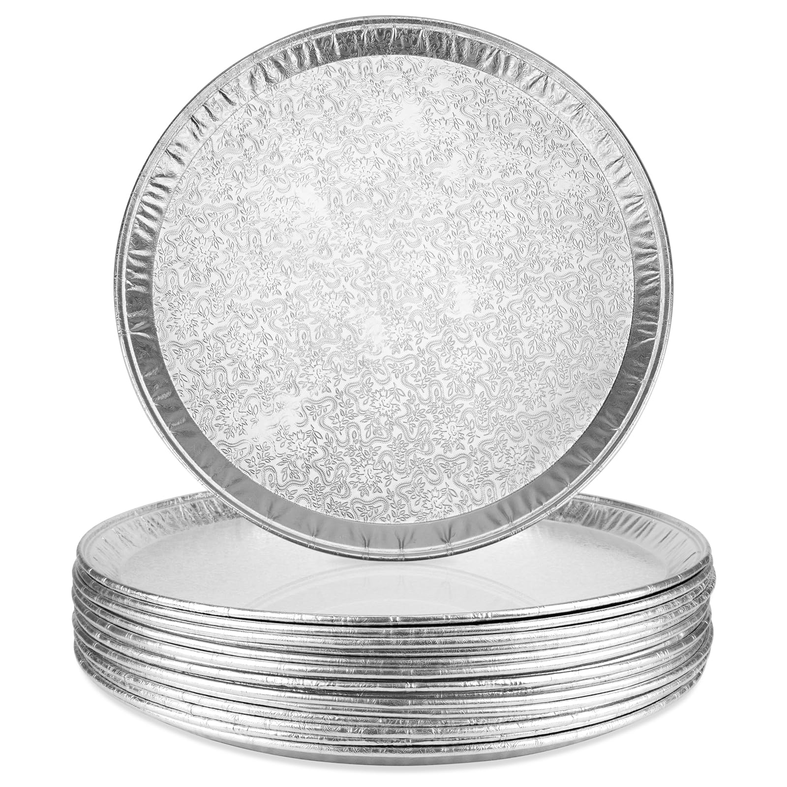 Roponan 15 Pack Disposable Pizza Pans 14IN, Large Aluminium Foil Serving Platters/Trays for Parties, Silver Embossed Foil Servin