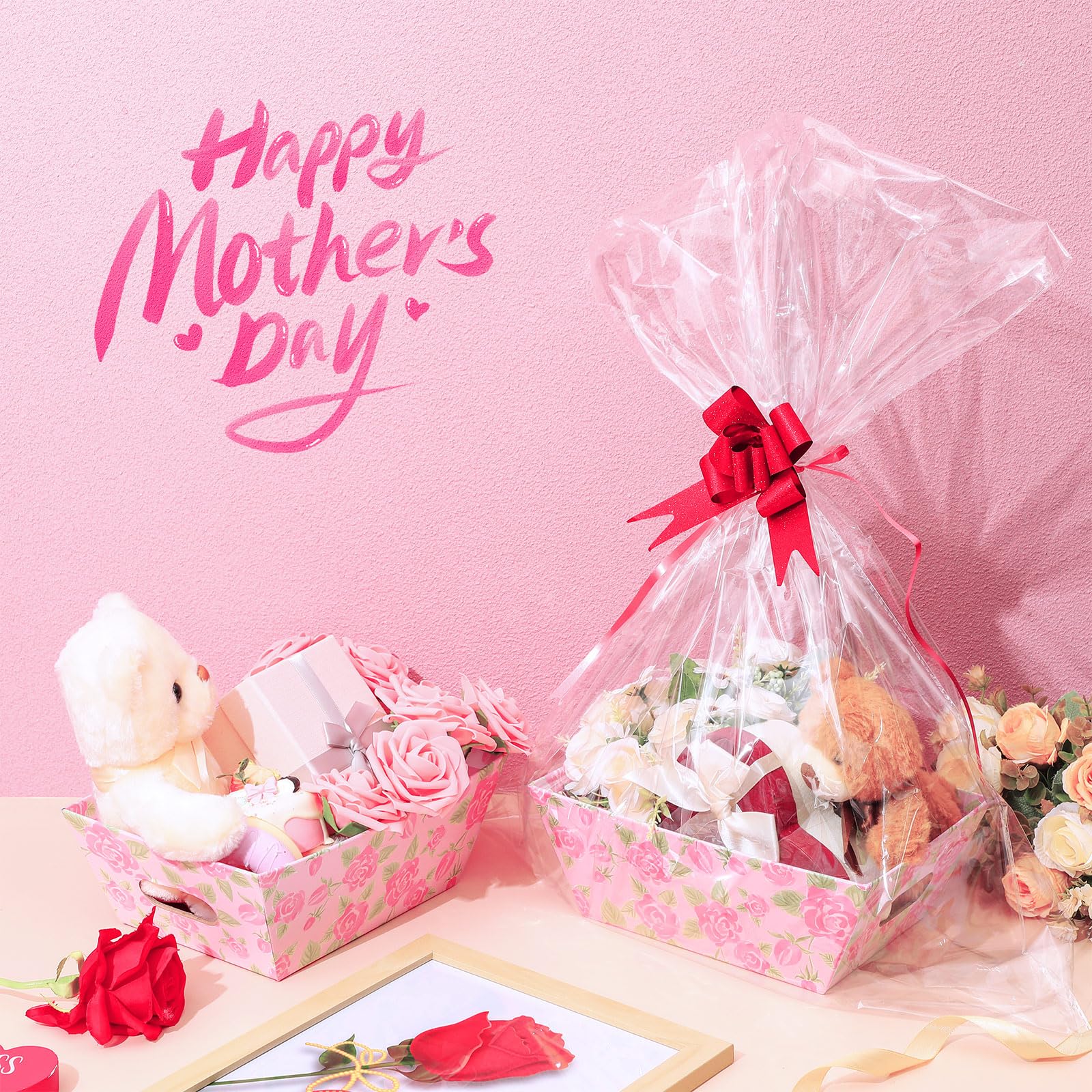 Skyygemm 6 Pcs 9.8 X 6.5Inch Mother'S Day Basket For Gifts Empty With Cellophane Basket Bags And Ribbons Bows To Fill Sturdy Emp