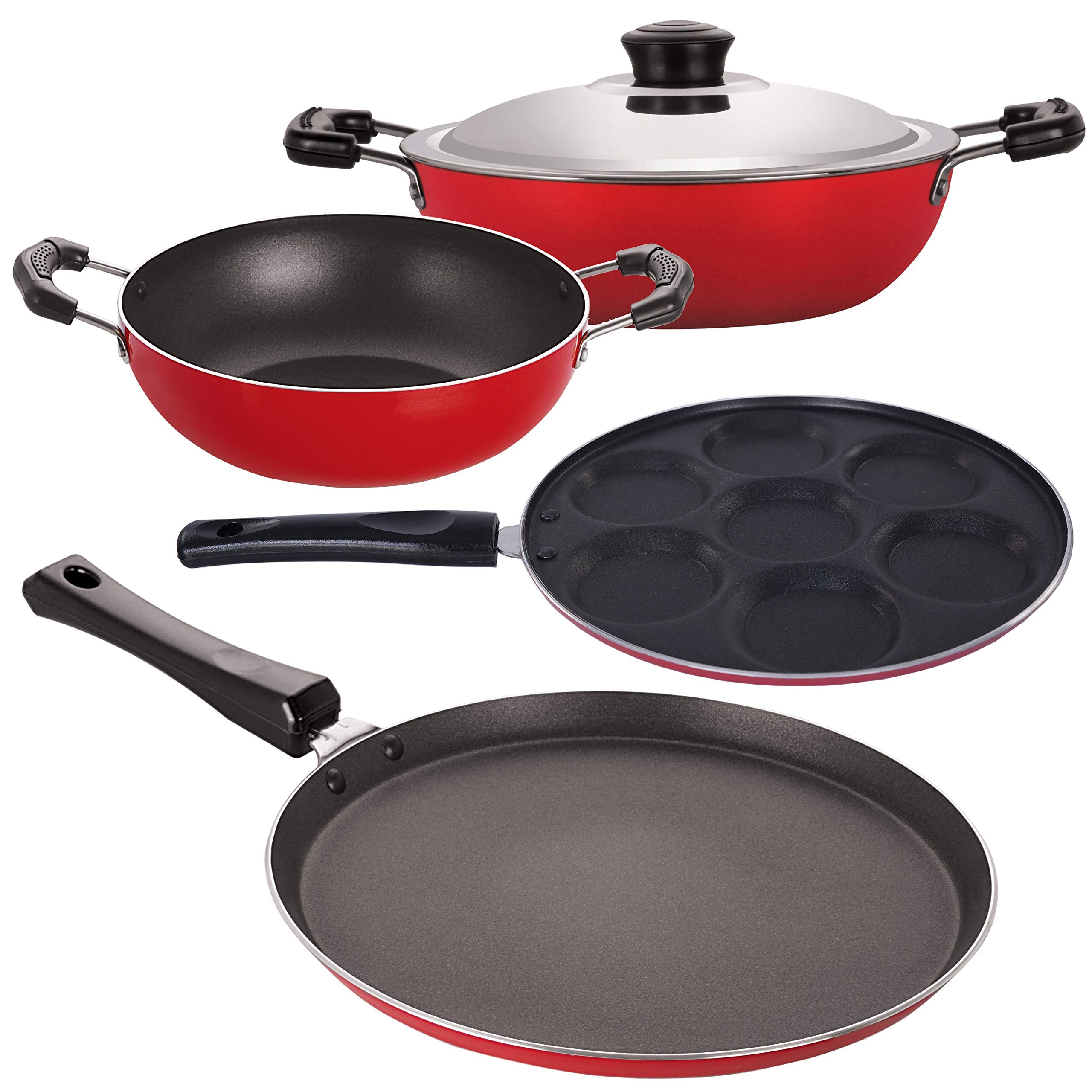 Nirlon NonStick 4 Piece Gas Compatible Pfoa Free Cookware Gift Item Set With Lid, Red And Black