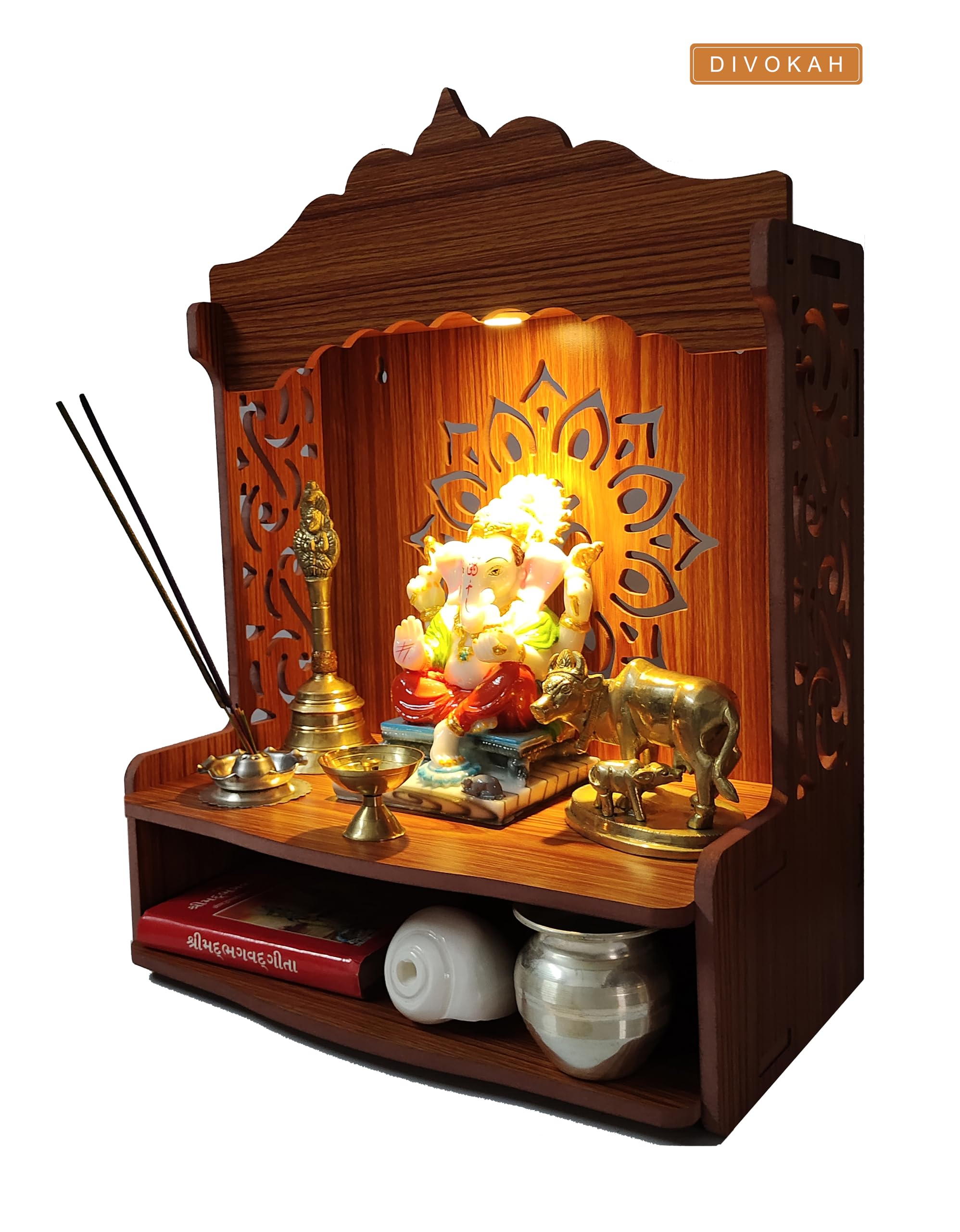 Divokah Beautiful Wooden Pooja Mandir For Home/Temple For Home And Office/Puja Mandir/Puja Stand/Pooja Mandapam With Led Spot Li