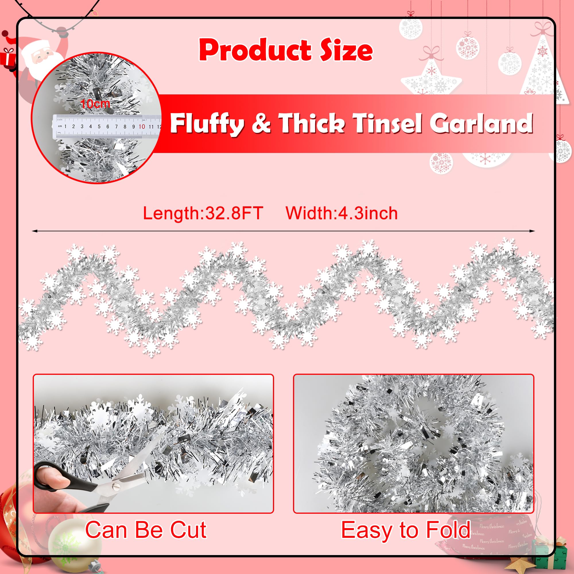 50 FT Christmas Decorations Tinsel Garland, Christmas Snowflake Garland Xmas Shiny Twist Metallic Garlands Decorations for Xmas