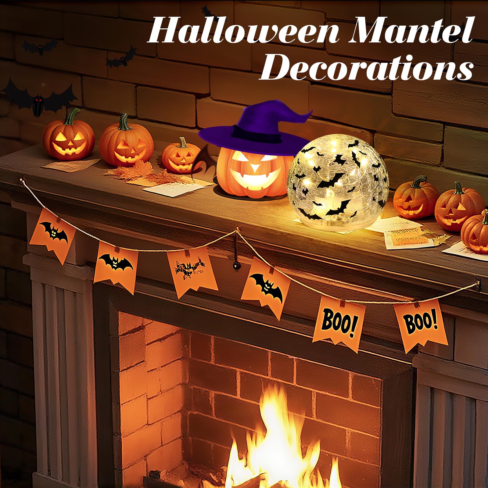 2 PCS Halloween Table Decorations,3.93 Glass Ball Tabletop Decor Crackle with Timer,Halloween Decorations Indoor Spheres Decorat
