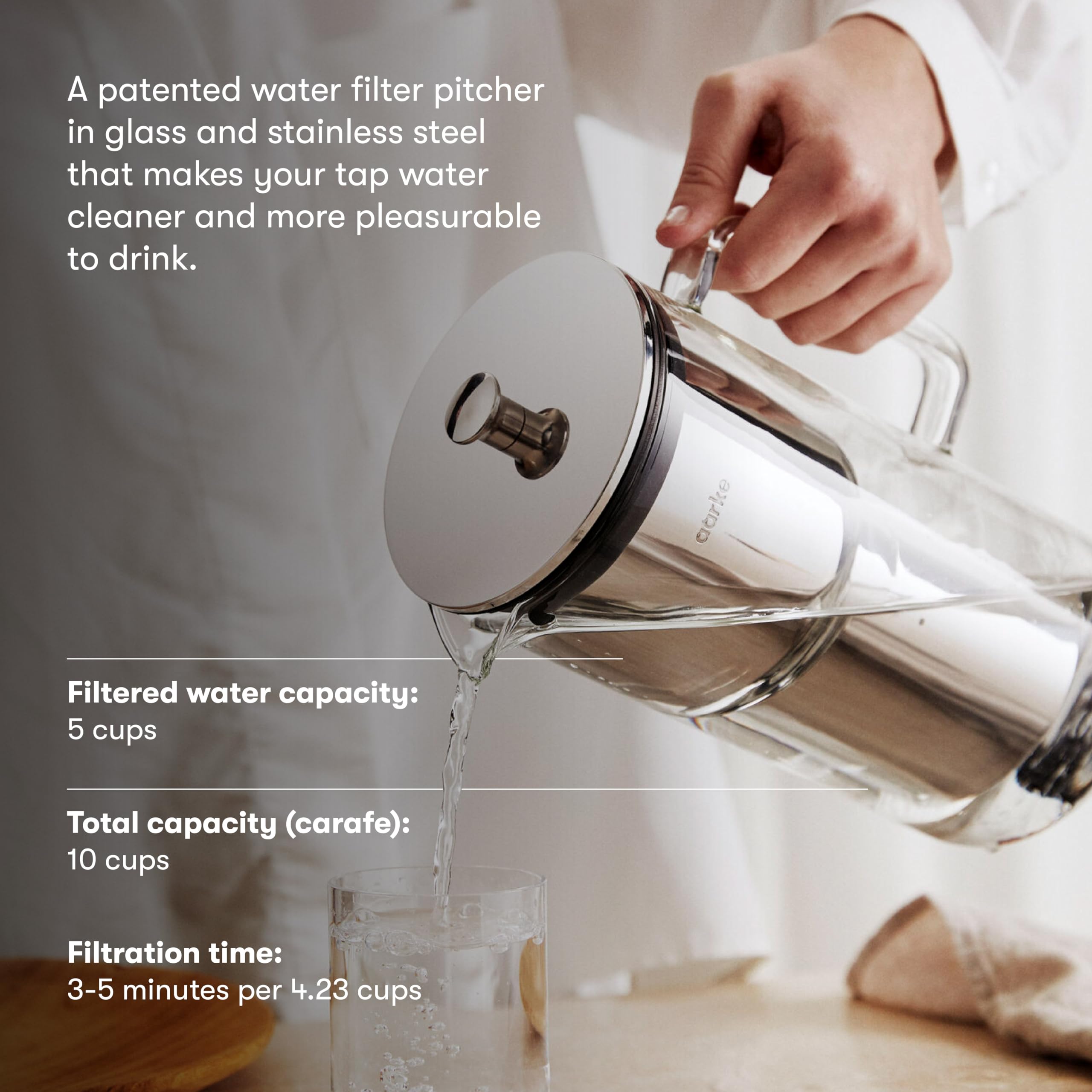 Aarke Purifier Glass Water Pitcher, Refillable Stainless Steel Filter, 8-Weeks Performance, Bpa-Free, Dishwasher Safe, Pure & En