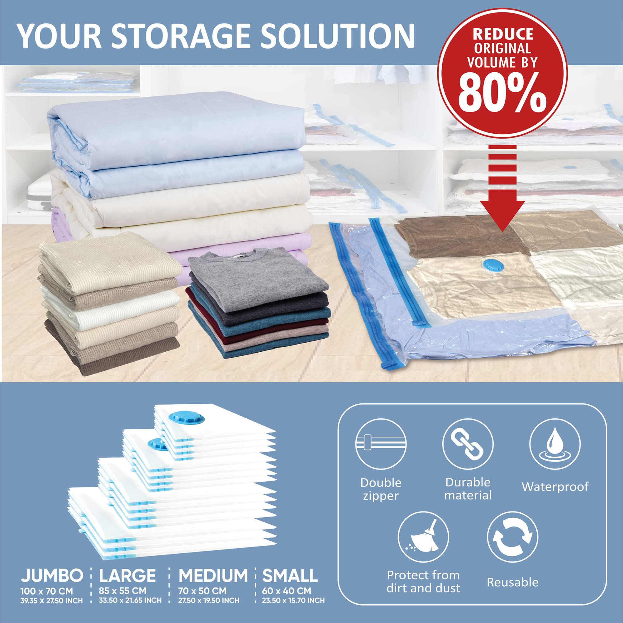 15 Space Saver Vacuum Storage Bags  Vacuum Sealed Storage Bags (3 Jumbo/4 Large/4 Medium/4 Small) with Hand Pump  Vacuum Seal Bags for Clothing  Comforters  Pillows  Towel  Blanket Storage  Bedding