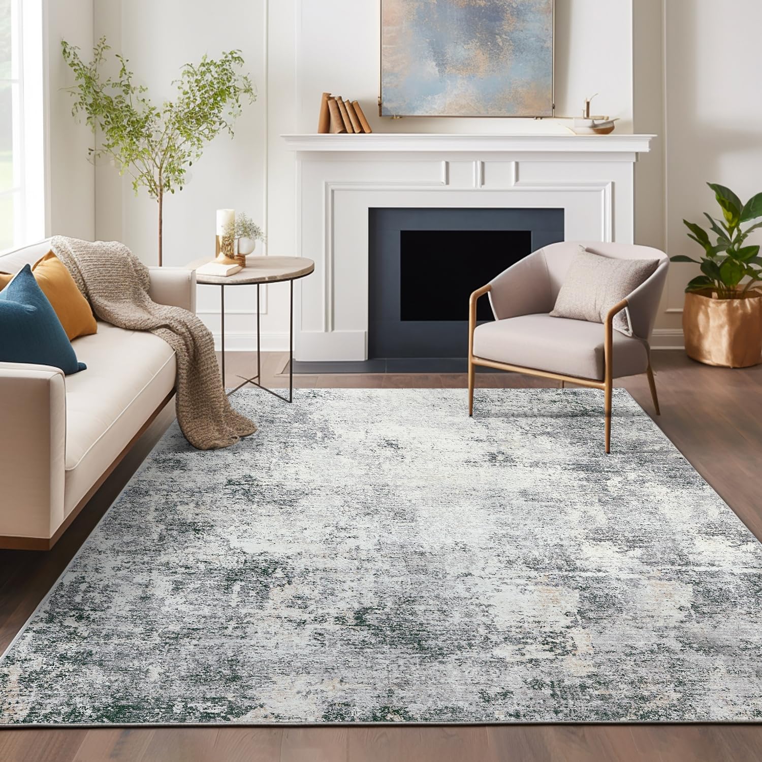 jinchan Area Rug 5x7 Washable Rug Modern Rug Abstract Floor Mat Grey Multi Print Rug Thin Rug Colorful Overdyed Distressed Mat K