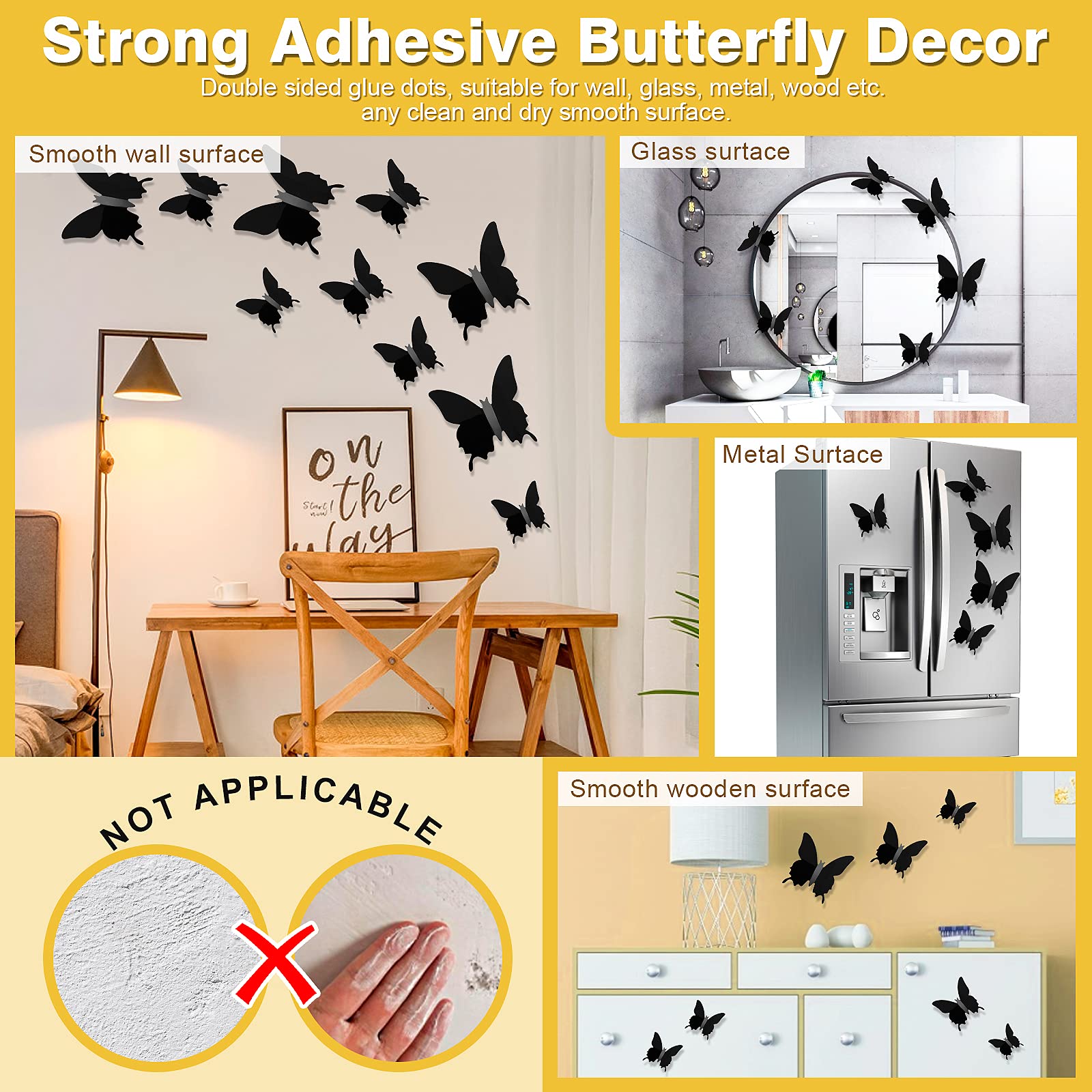 Ryangic 3D Butterfly Wall Decor 48Pcs Black Polished Butterflies Wall Stickers 3 Sizes Durable Butterfly Wall Decals Diy Wall Ar