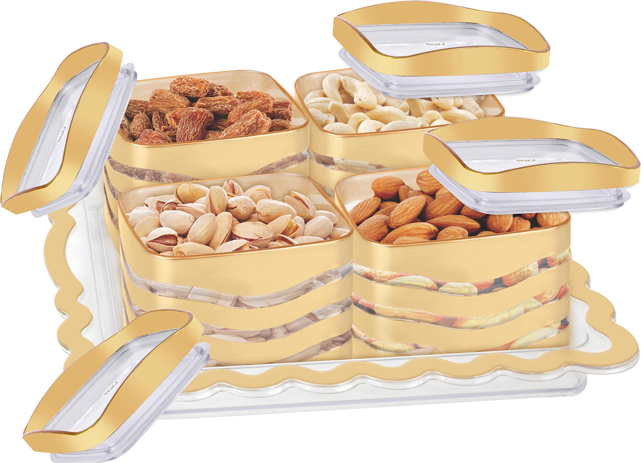Porpoise Airtight Dry Fruit Box Gold Plastic Storage Container Set With Lid & Serving Tray Container Set With 6 Jar Combo & Tray