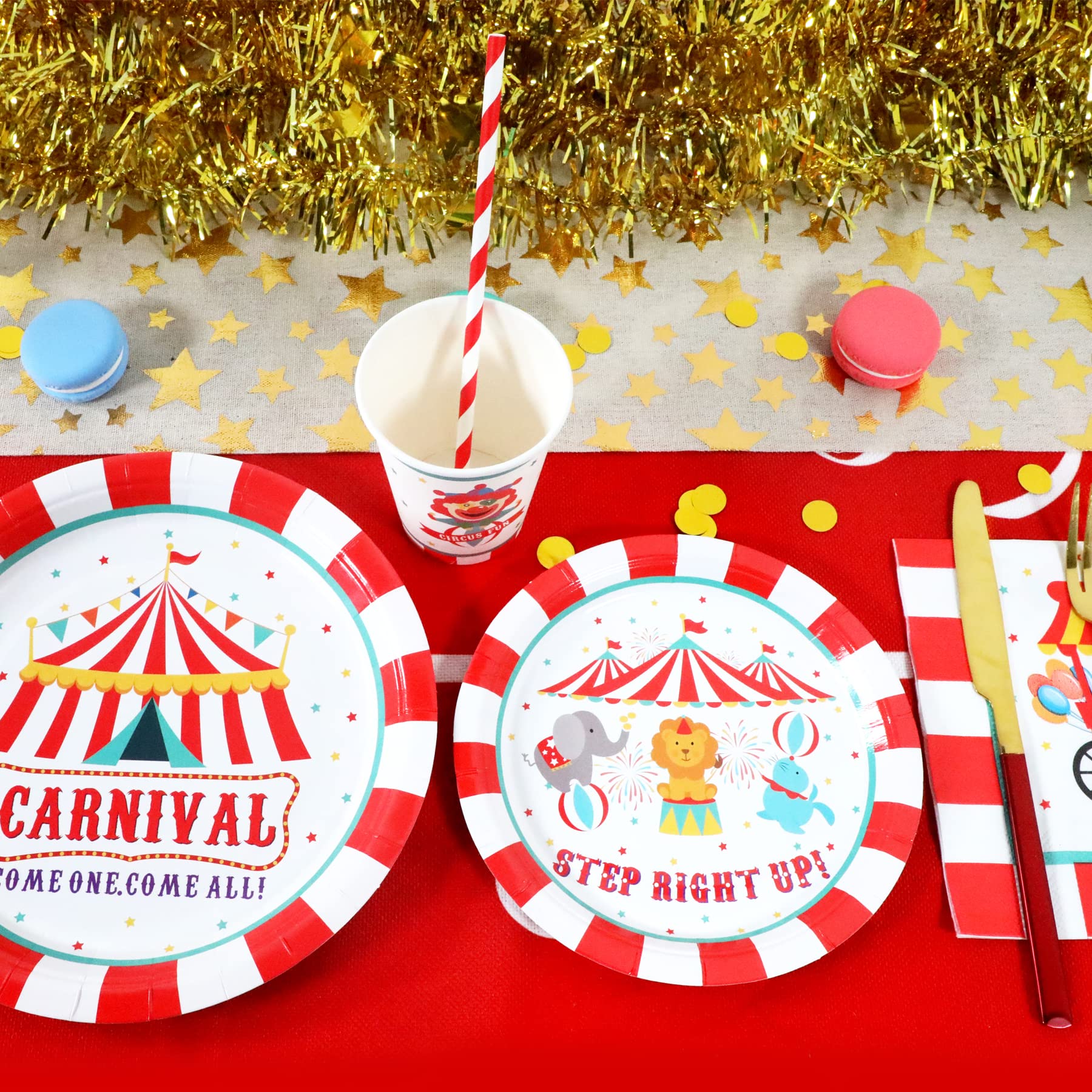 Carnival Party Supplies Decorations, Circus Theme Birthday Paper Plates And Napkins Set With Cups And Straws For 24 Guests, 120