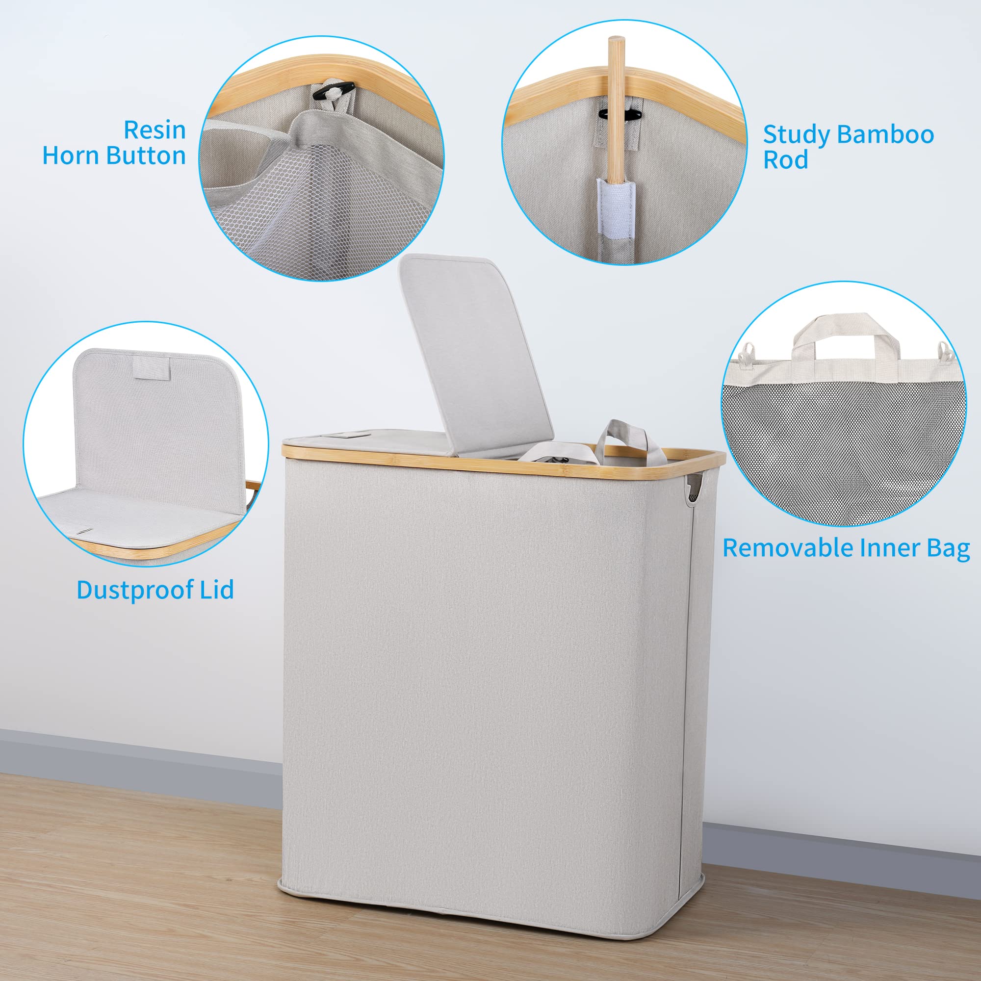 efluky Double Laundry Hamper with Lid  Divided Laundry Hamper with Removable Bags  2 Section Dirty Clothes Basket with Handles for Bathroom  Bedroom & Laundry Room  140L Light Grey